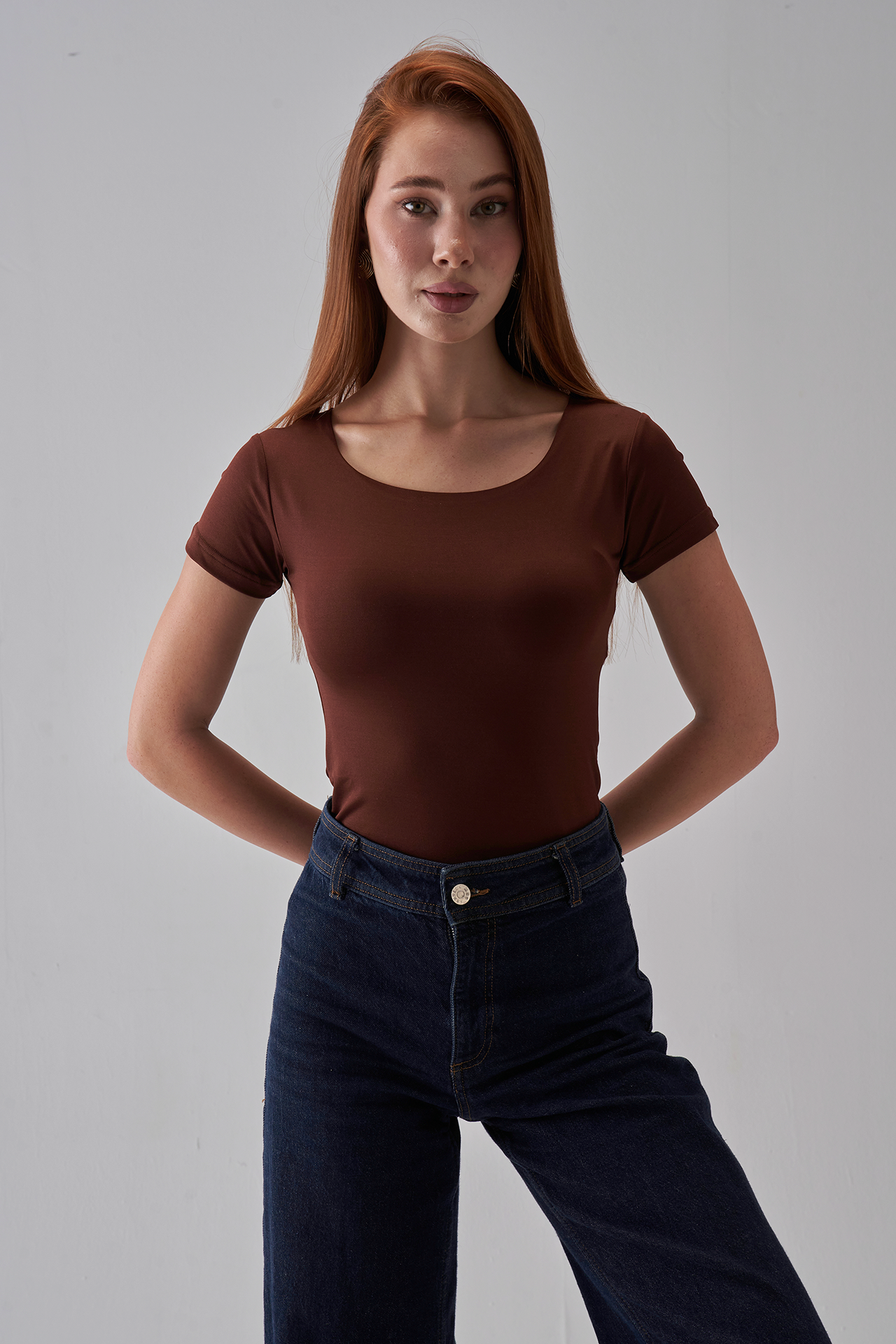 Square Neck Short Sleeve Top - Brown