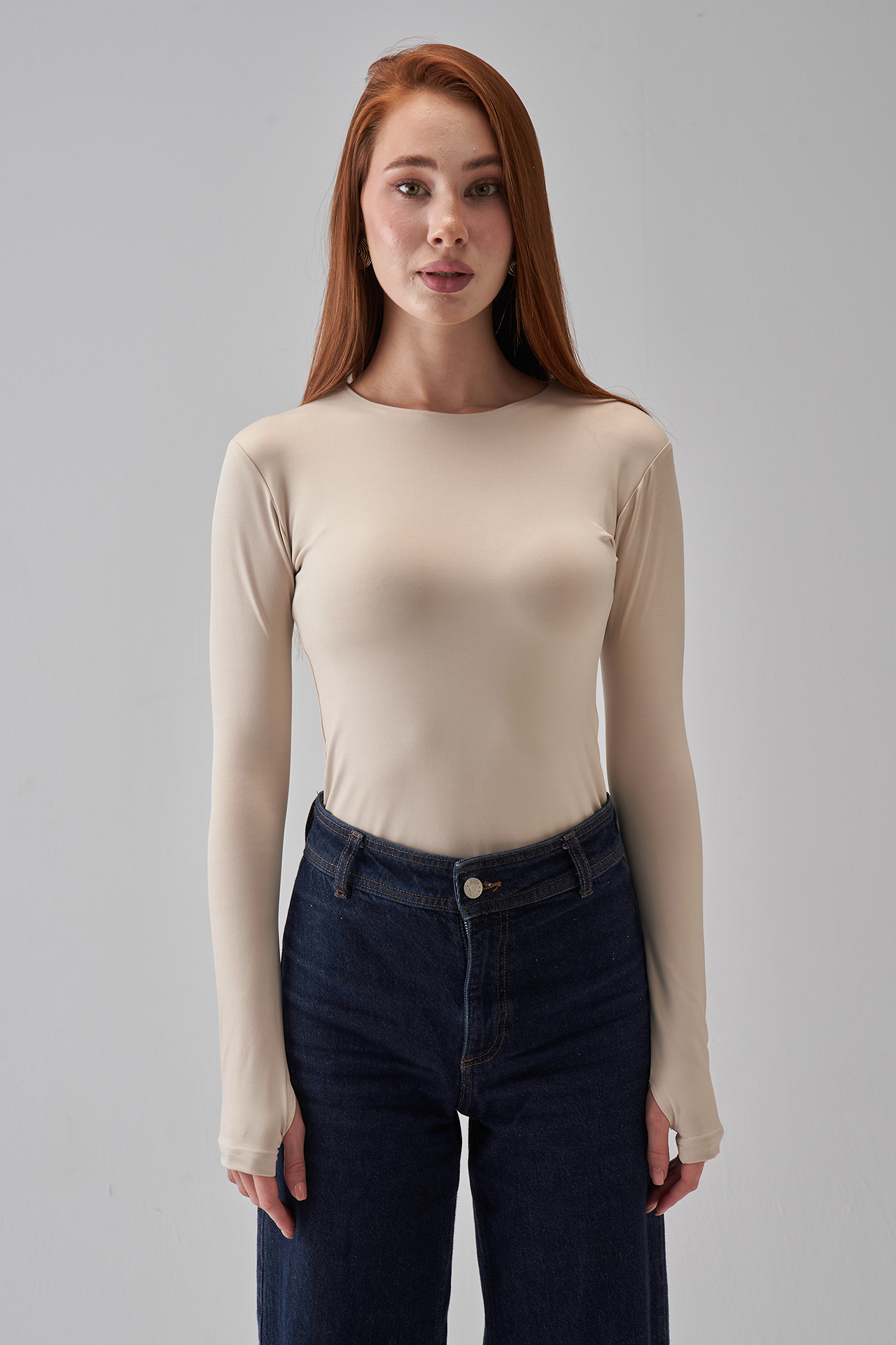 Round Neck Long Sleeve Top - Beige