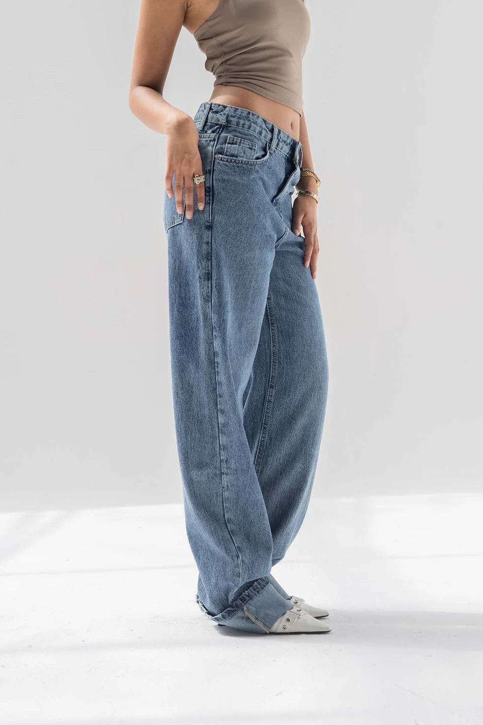 Wide-Leg Denim with Folded Cuff Detail
