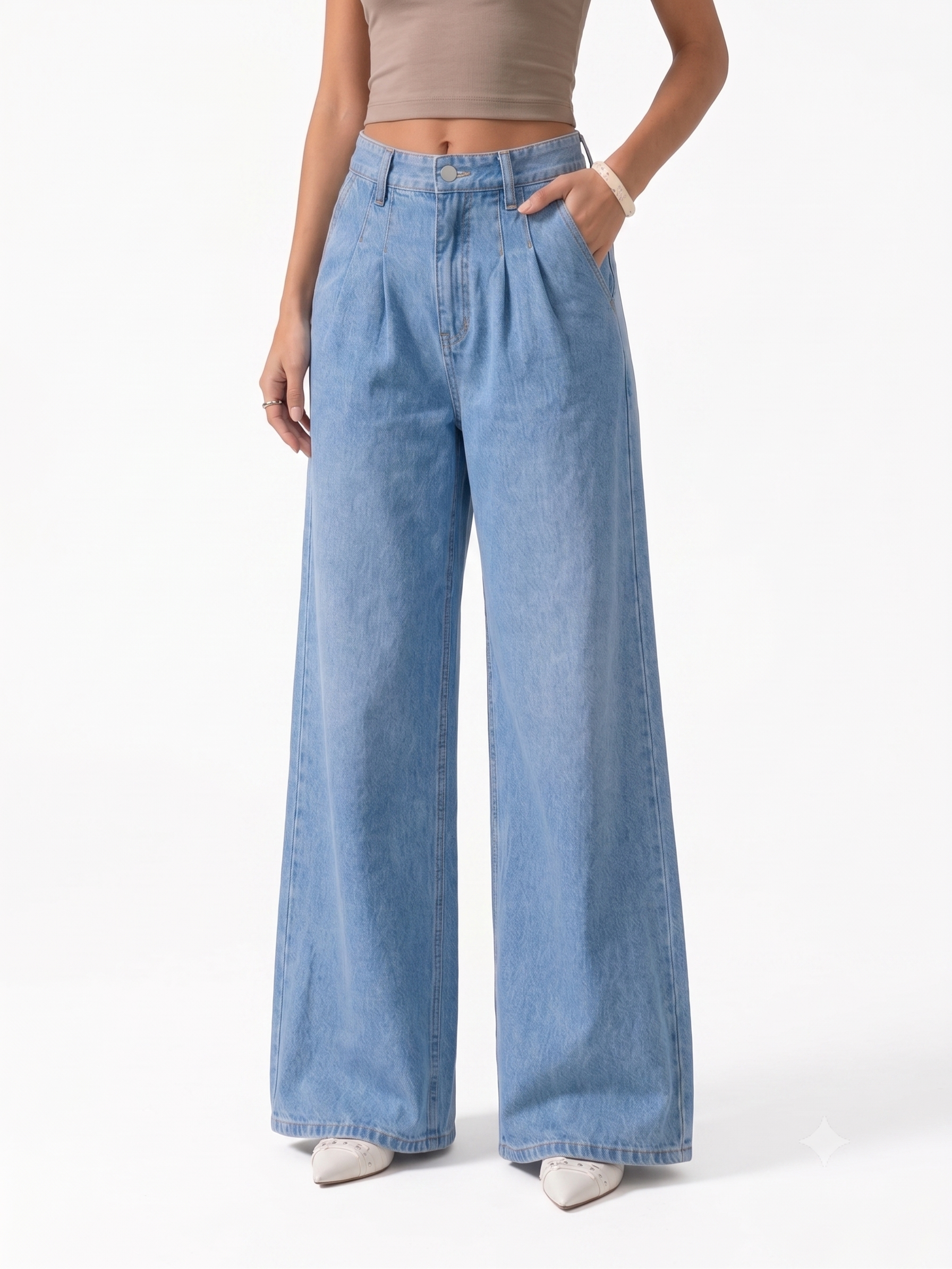 High Rise Pleated Wide Leg Jeans