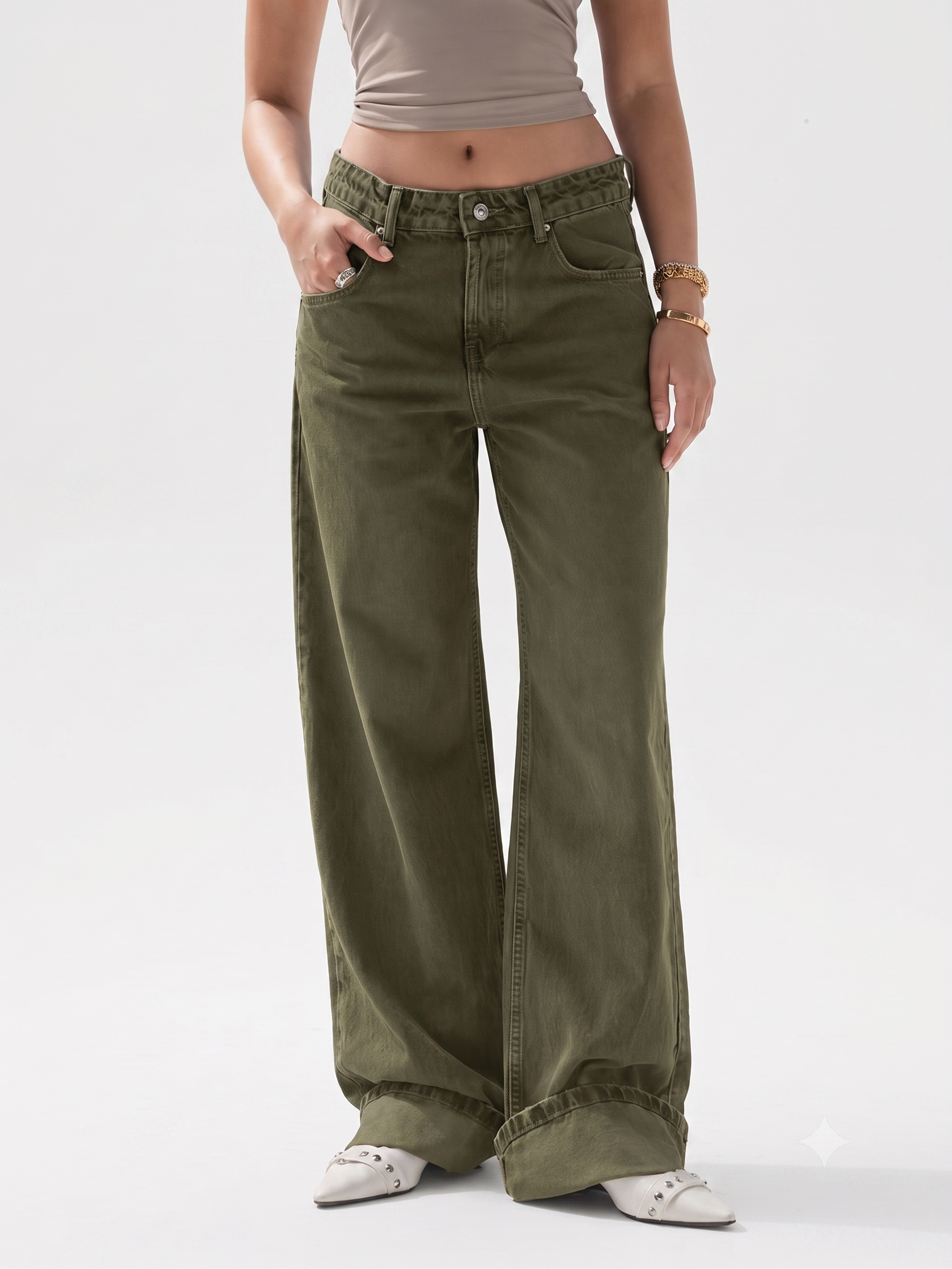 Wide-Leg Denim with Folded Cuff Detail