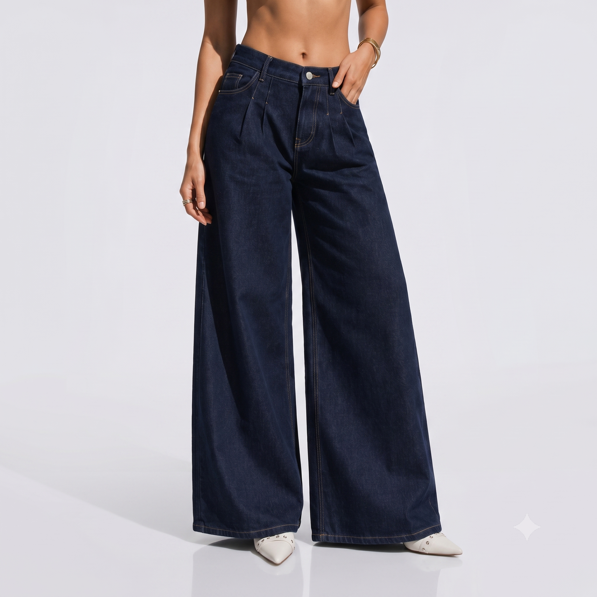 High Rise Pleated Wide Leg Jeans