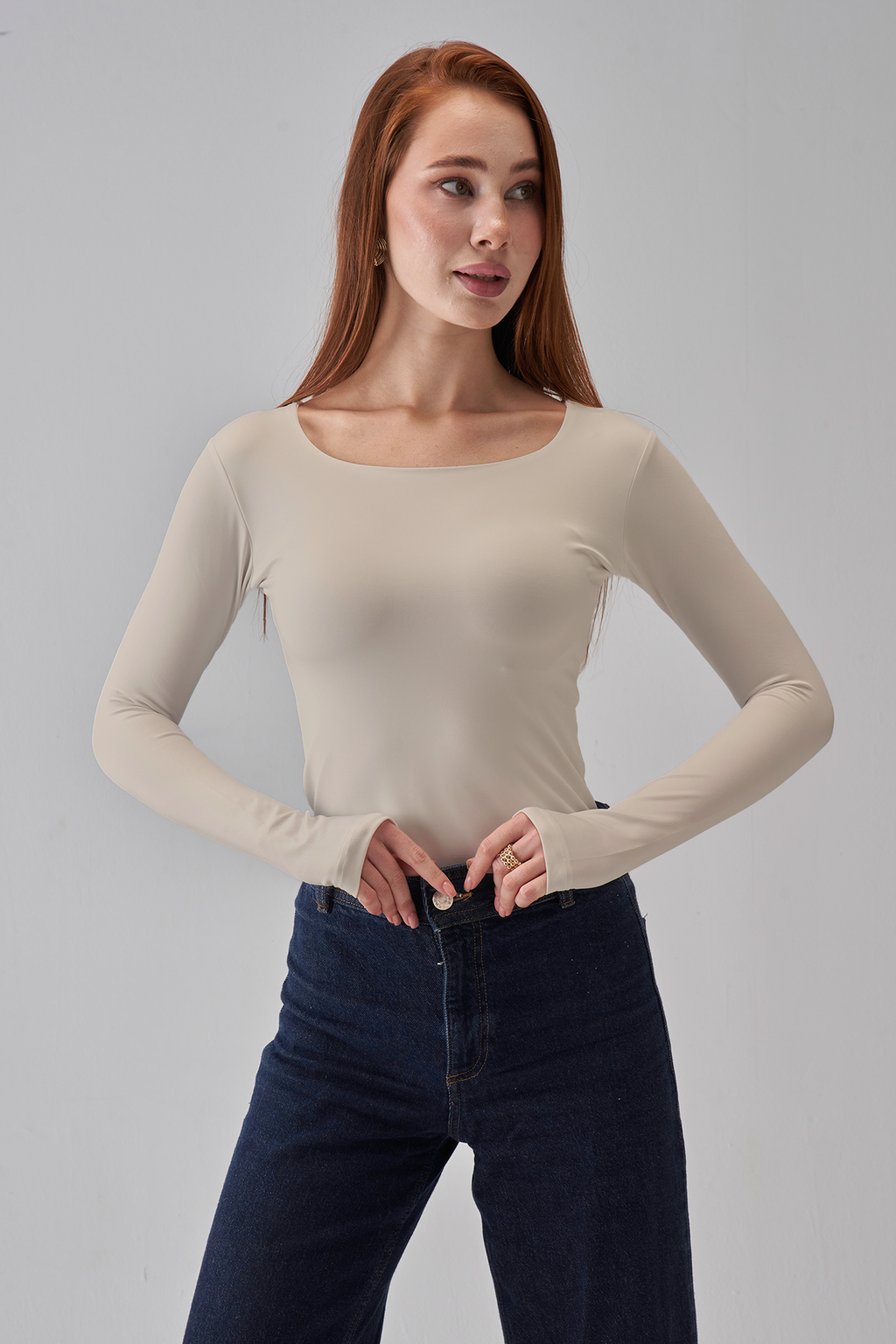 Square Neck Long Sleeve Top - Beige