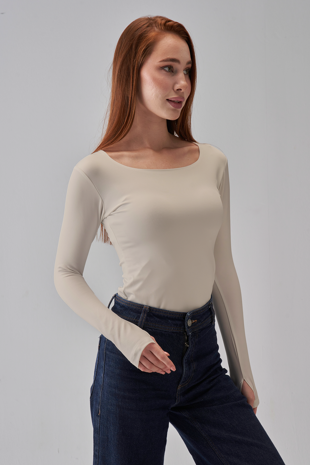 Square Neck Long Sleeve Top - Beige