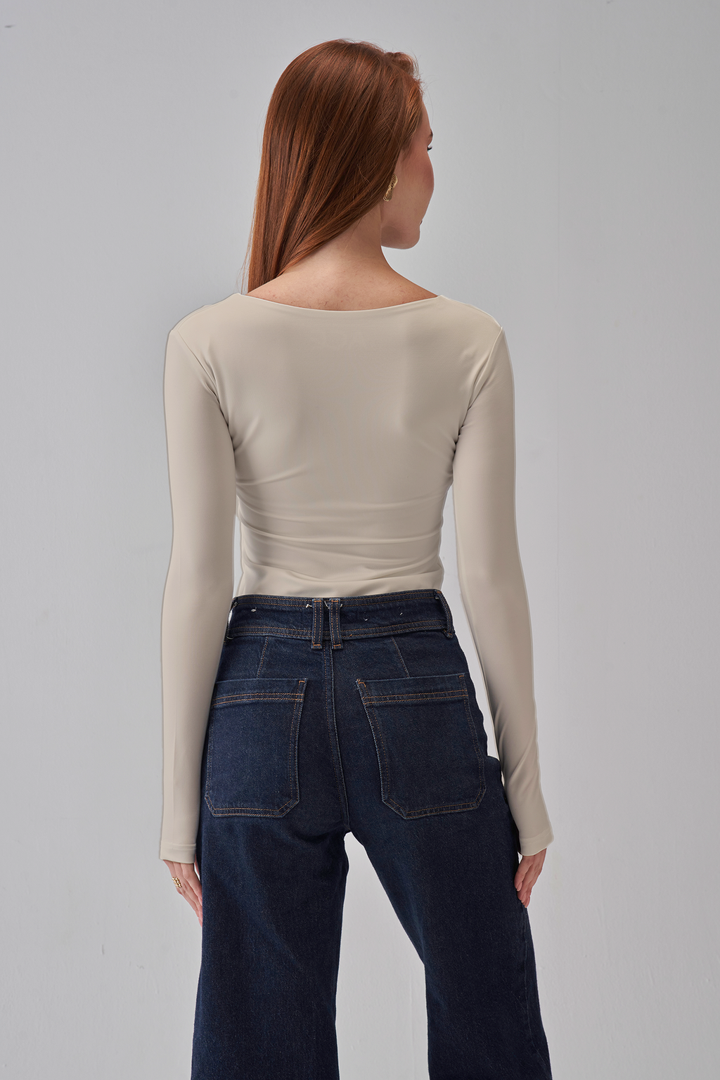 Square Neck Long Sleeve Top - Beige