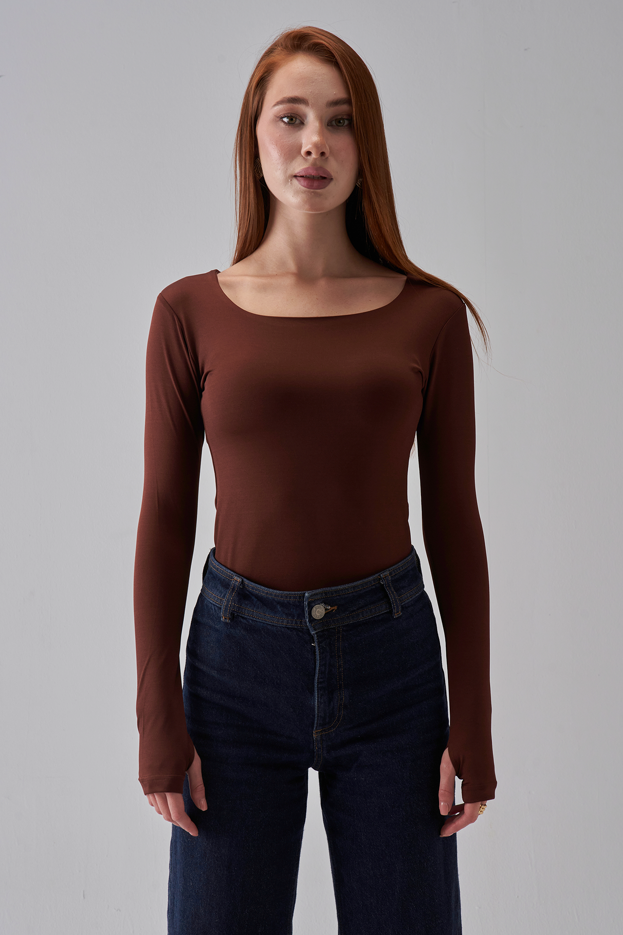 Square Neck Long Sleeve Top - Brown