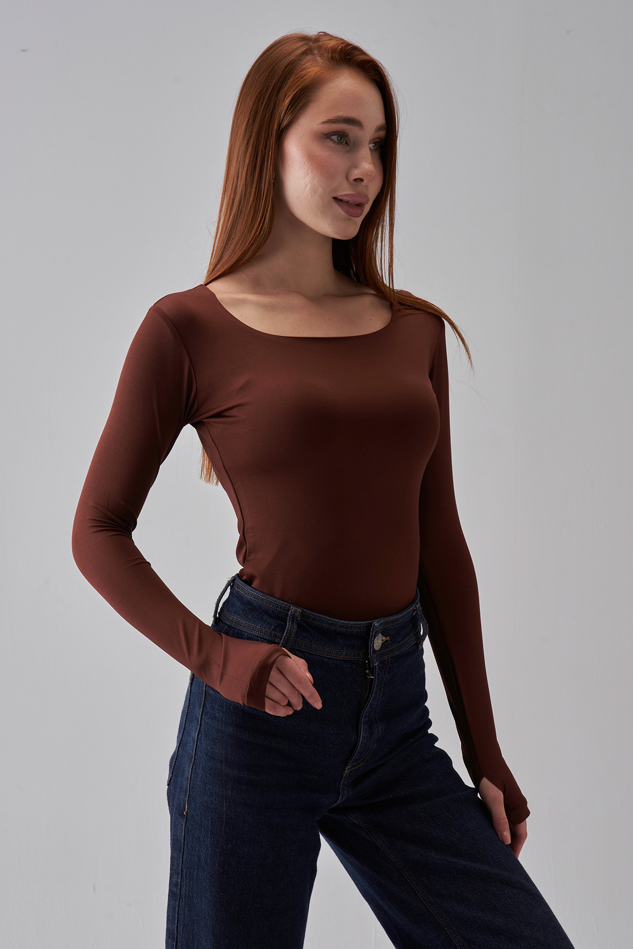Square Neck Long Sleeve Top - Brown