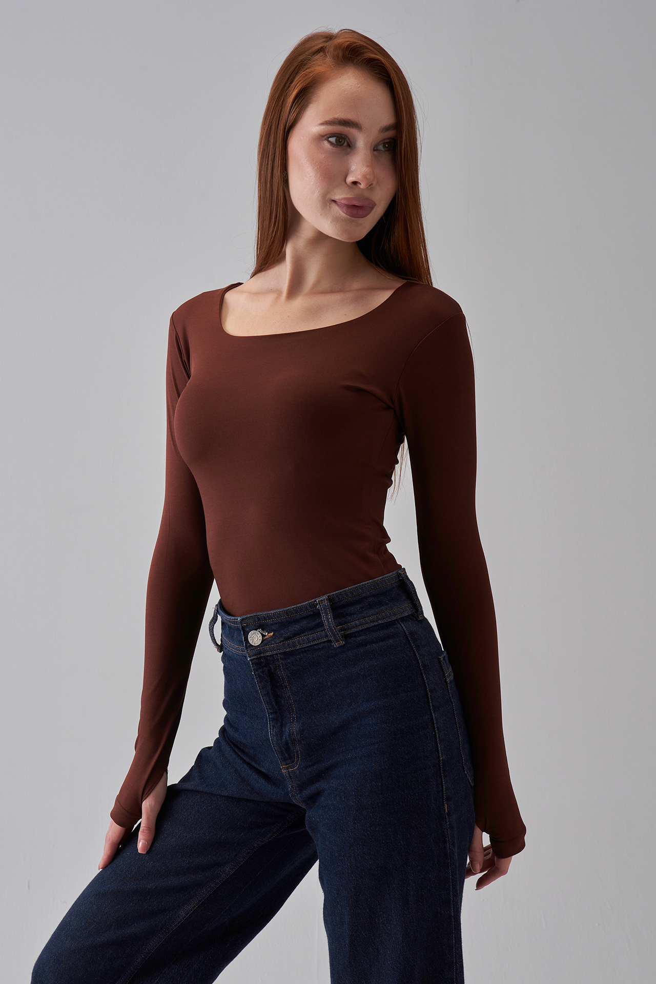 Square Neck Long Sleeve Top - Brown