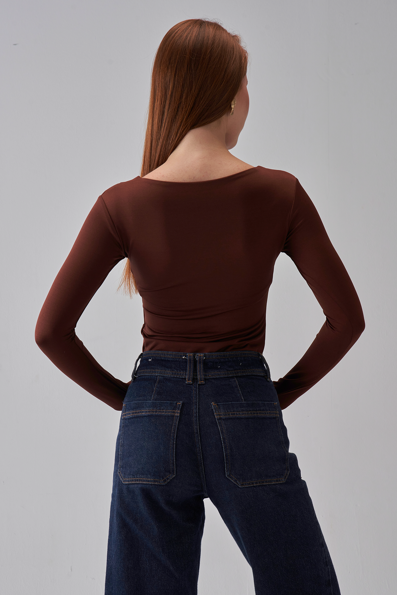 Square Neck Long Sleeve Top - Brown
