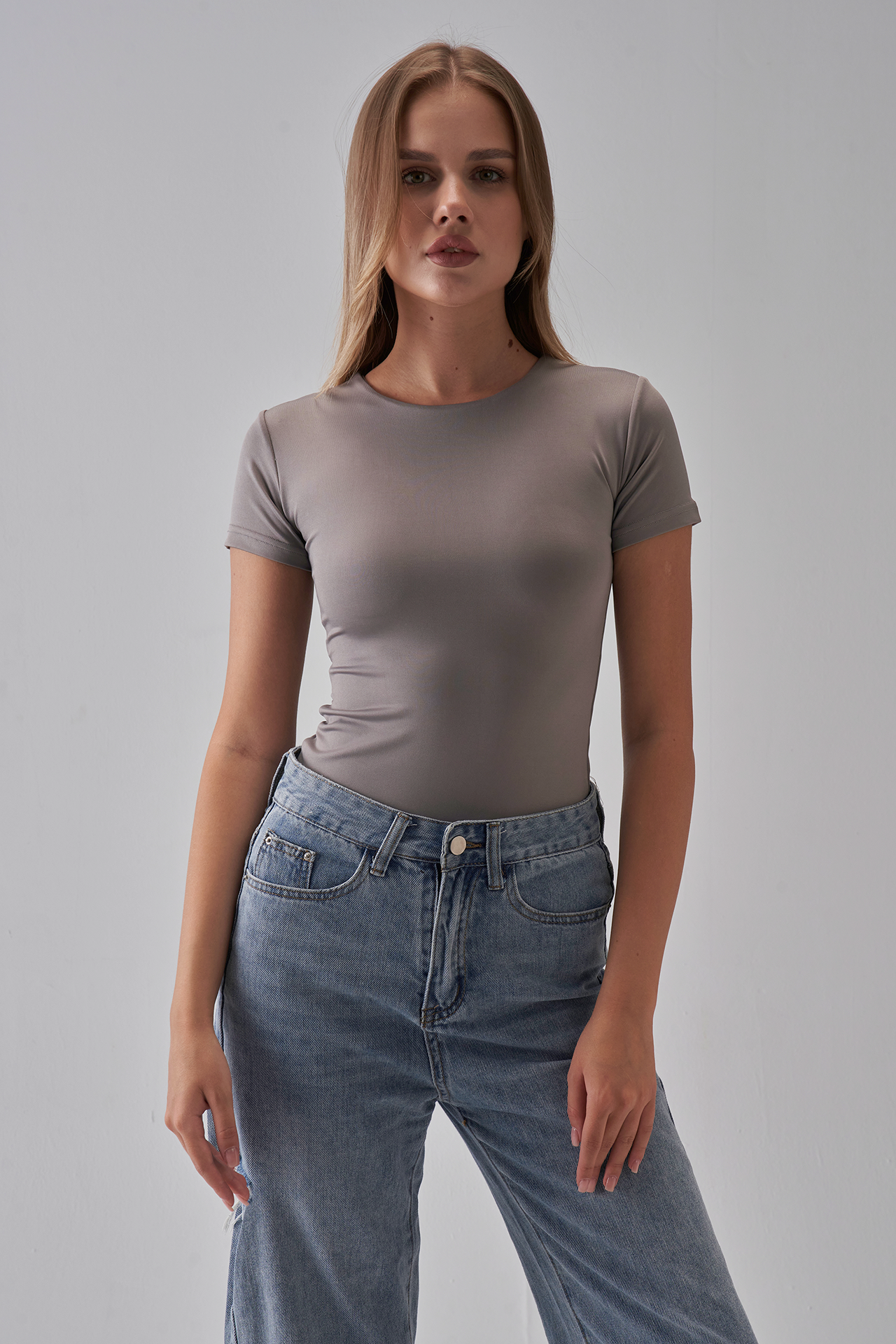 Round Neck Short Sleeve Top - Silver