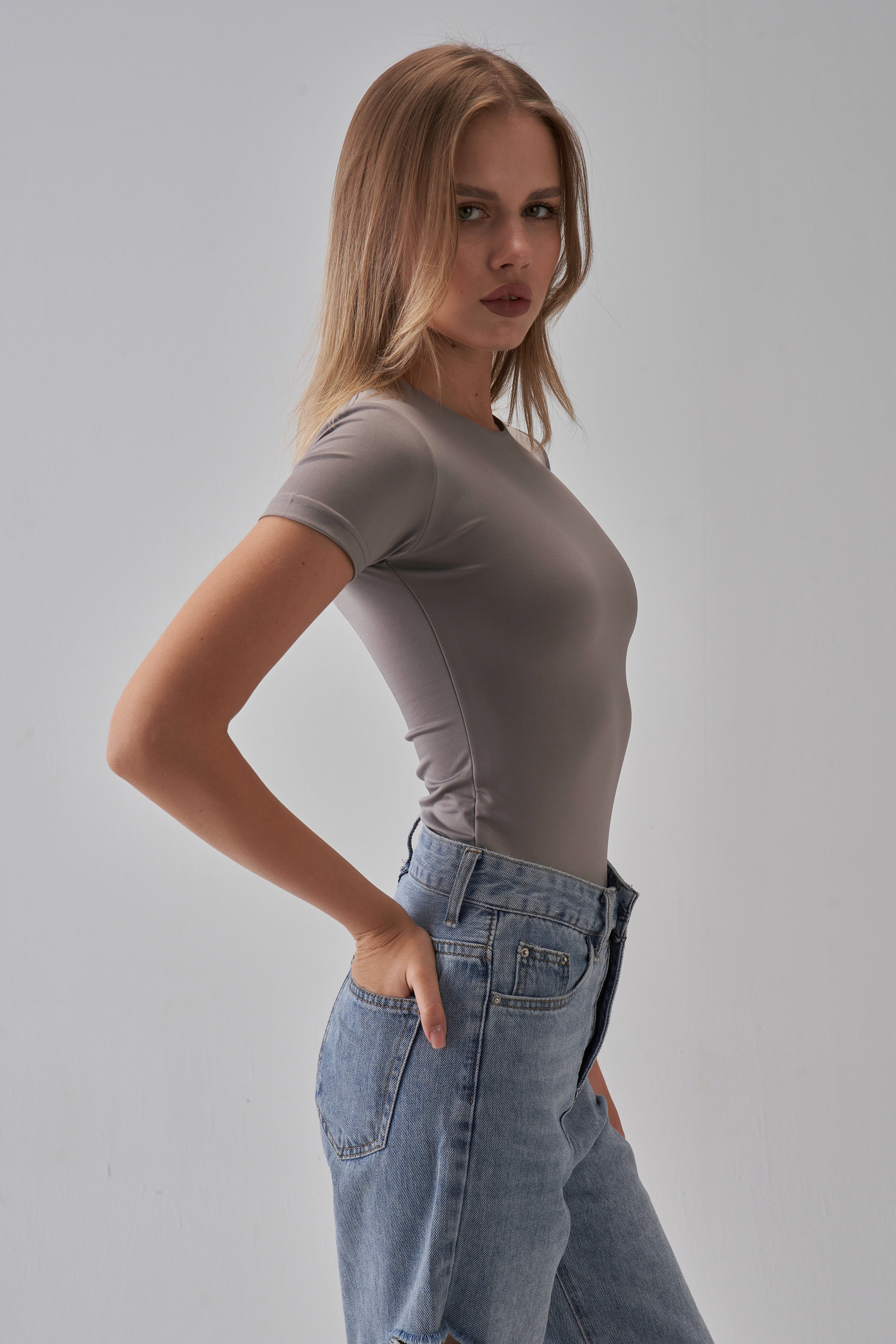 Round Neck Short Sleeve Top - Silver