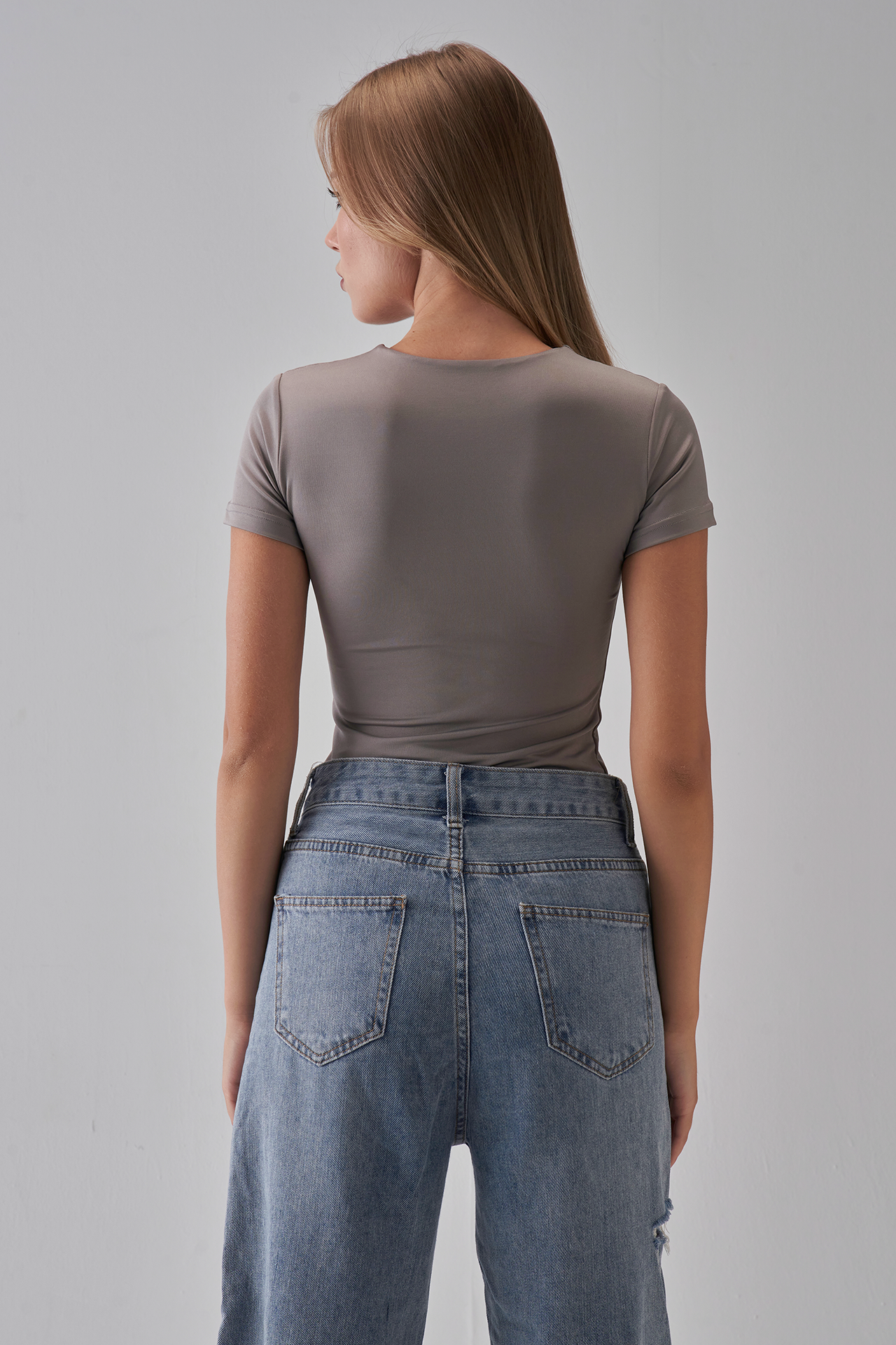 Round Neck Short Sleeve Top - Silver