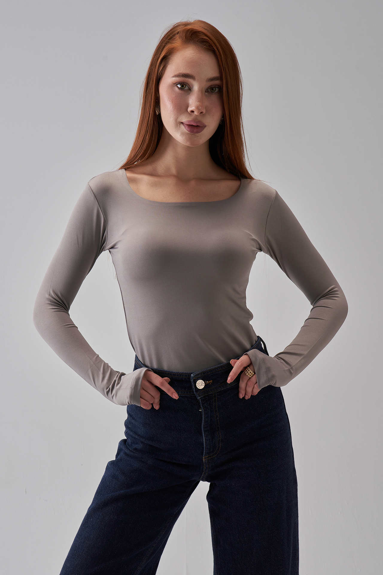 Square Neck Long Sleeve Top - Silver
