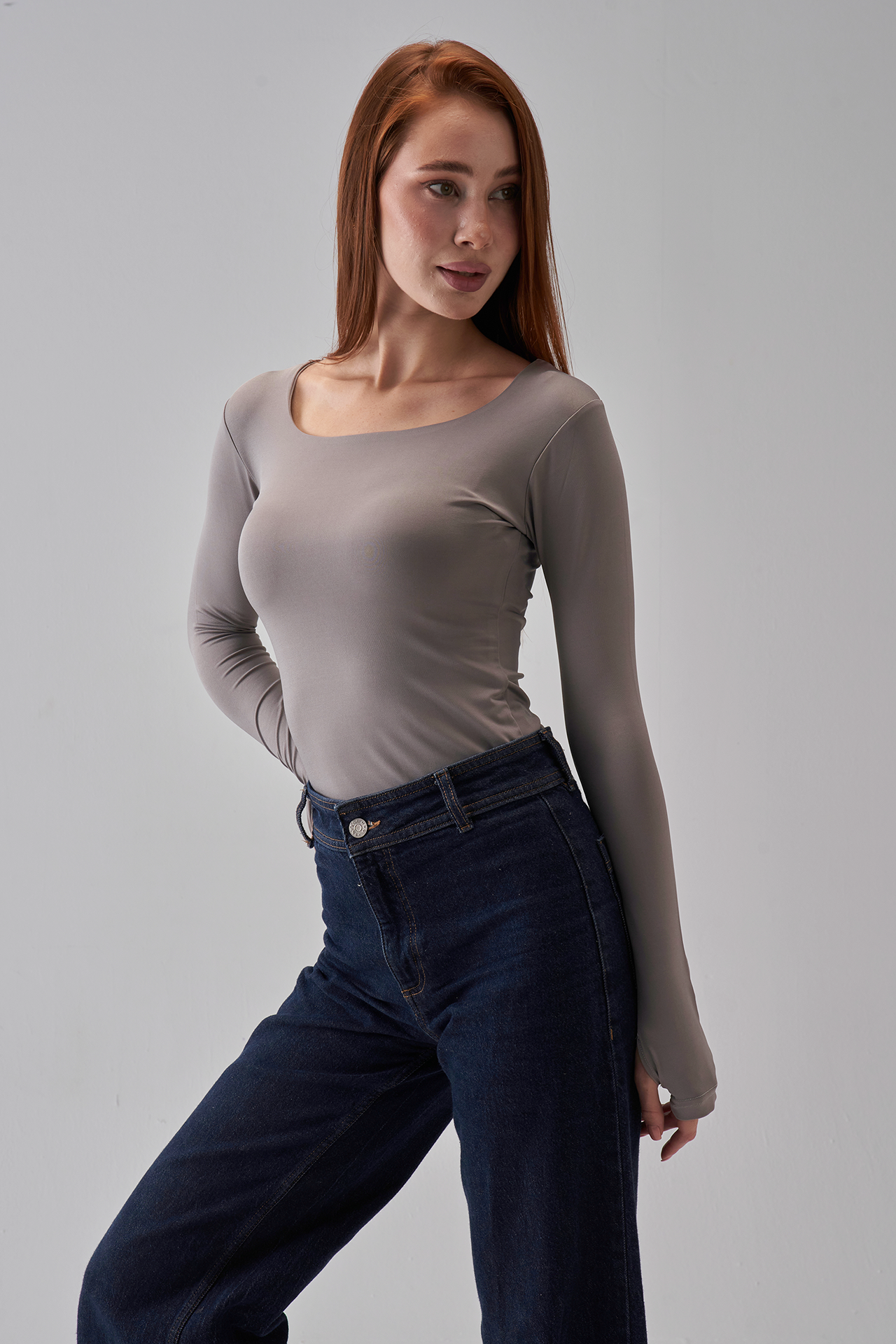 Square Neck Long Sleeve Top - Silver