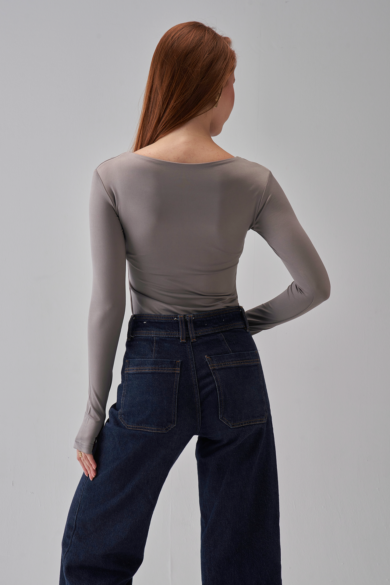 Square Neck Long Sleeve Top - Silver