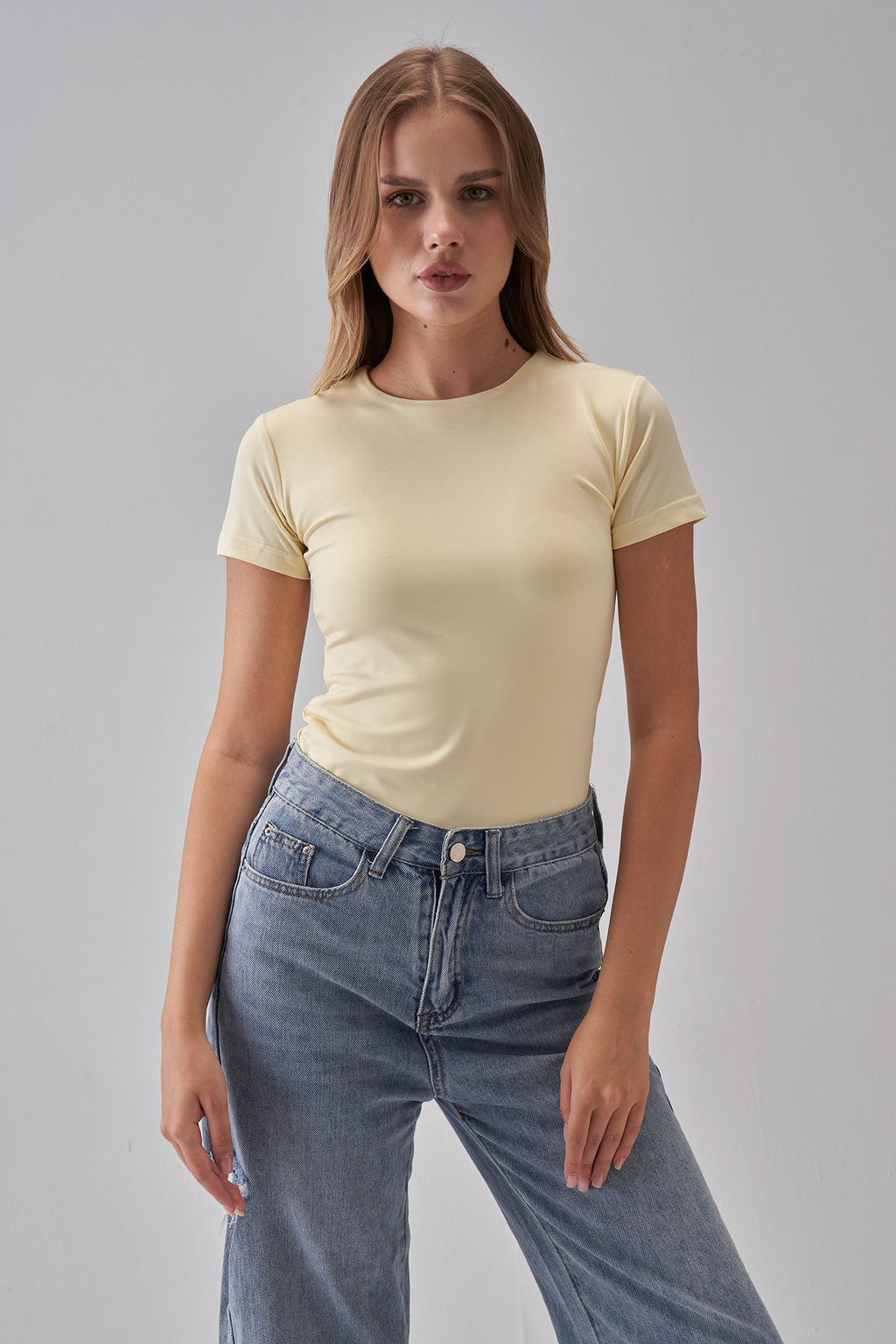 Round Neck Short Sleeve Top - Pale Yellow