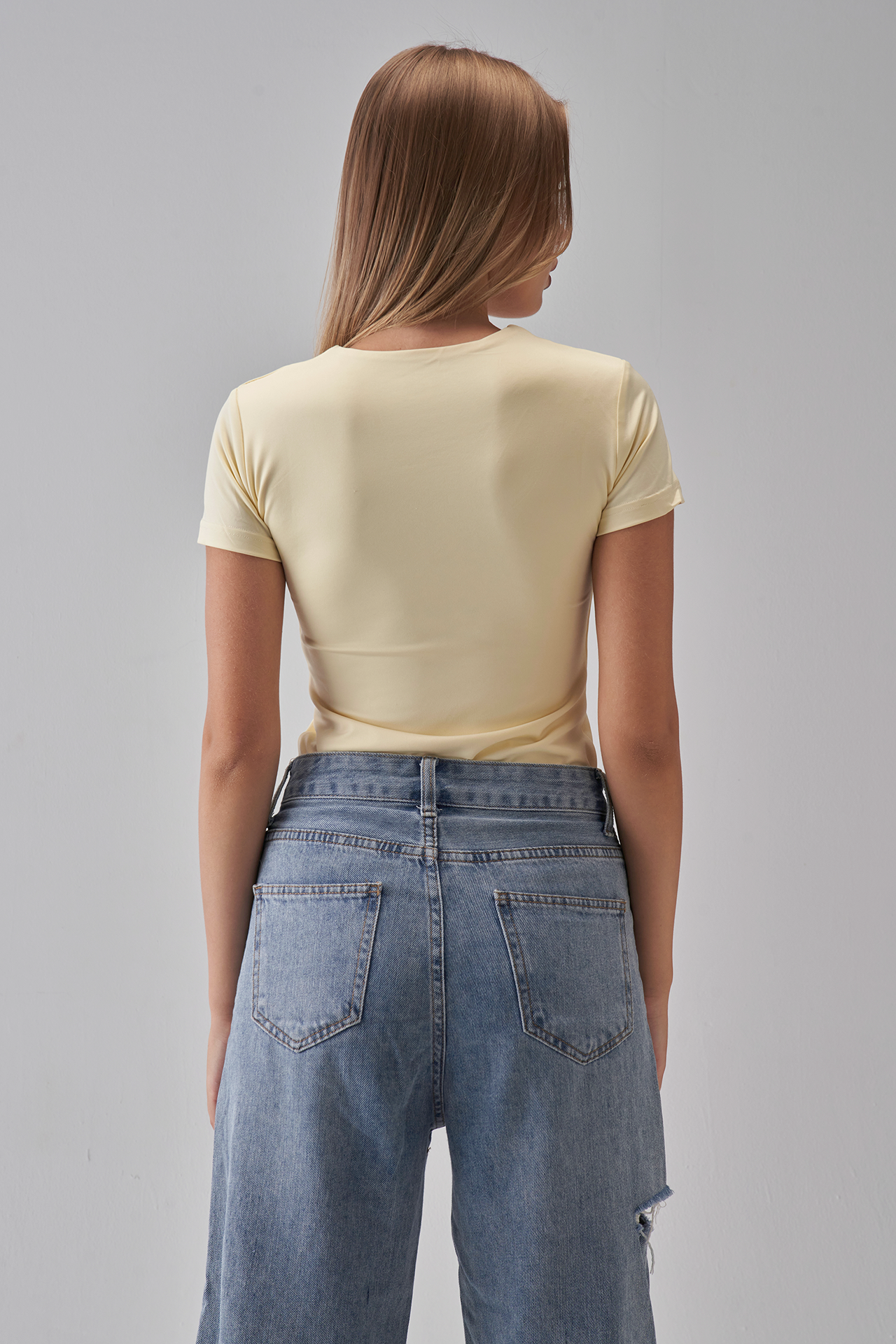 Round Neck Short Sleeve Top - Pale Yellow
