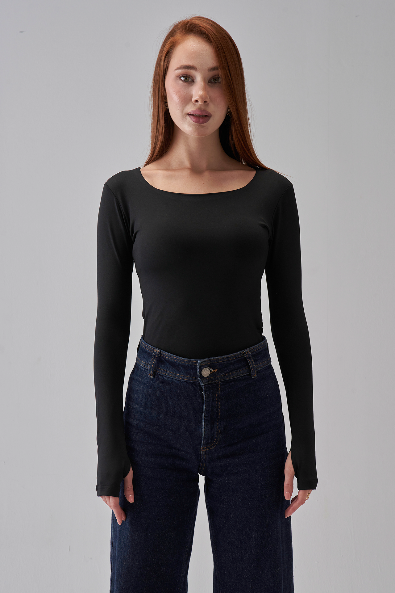 Square Neck Long Sleeve Top - Black