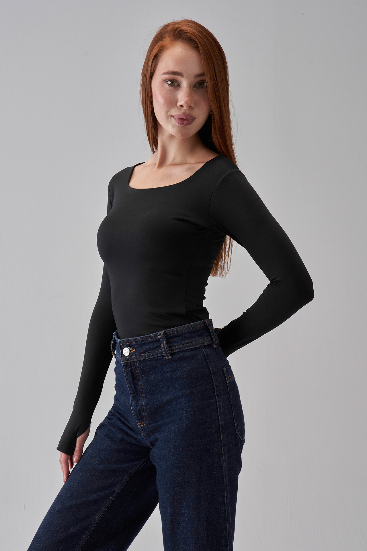 Square Neck Long Sleeve Top - Black
