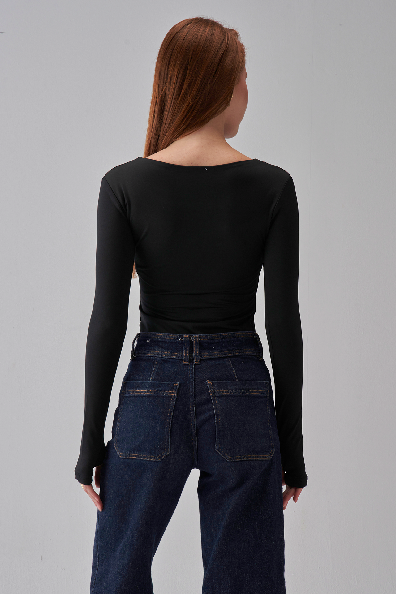 Square Neck Long Sleeve Top - Black