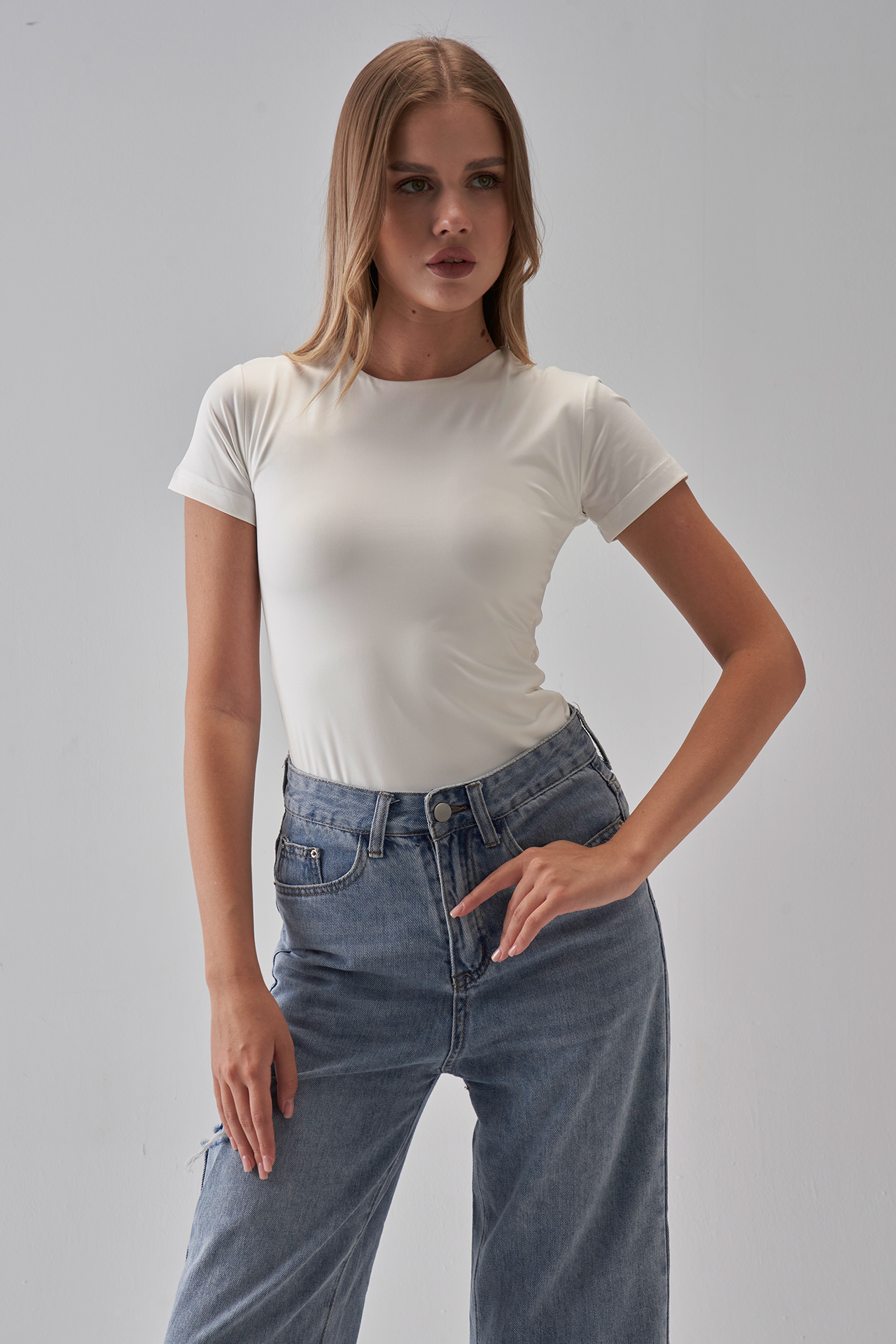 Round Neck Short Sleeve Top - OffWhite
