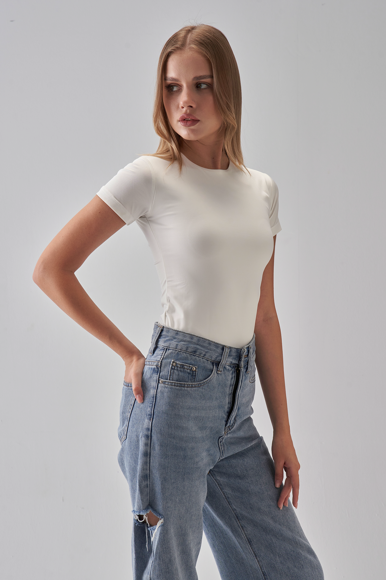 Round Neck Short Sleeve Top - OffWhite