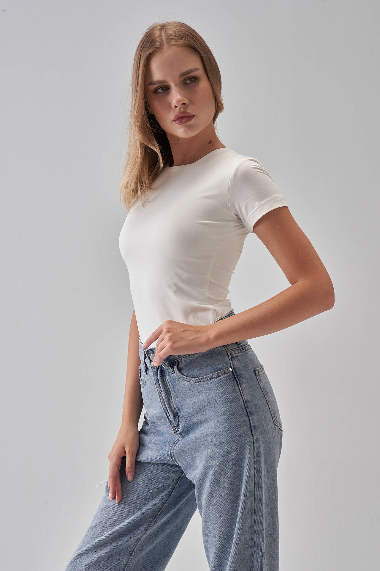 Round Neck Short Sleeve Top - OffWhite