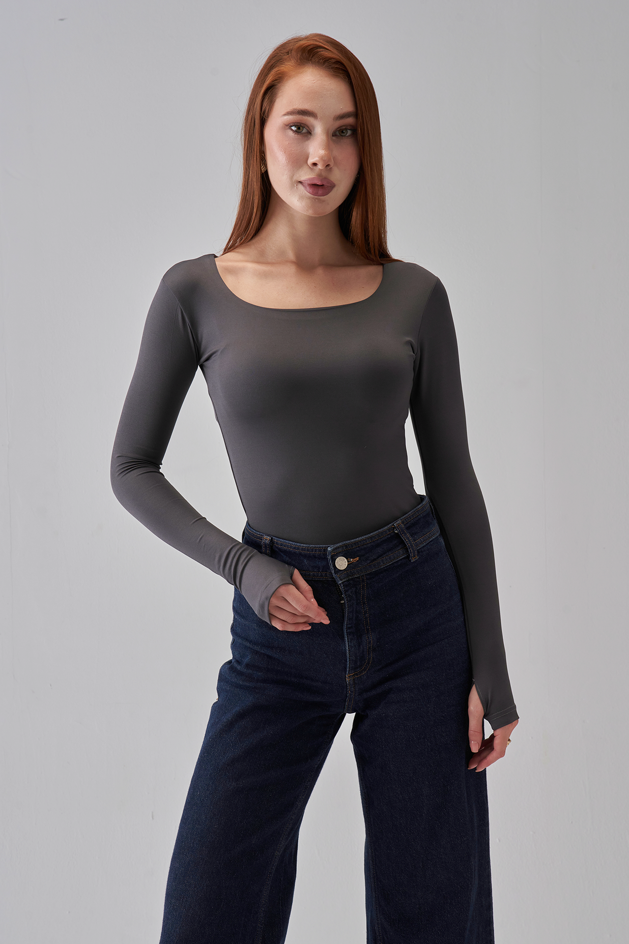 Square Neck Long Sleeve Top - Charcoal Gray
