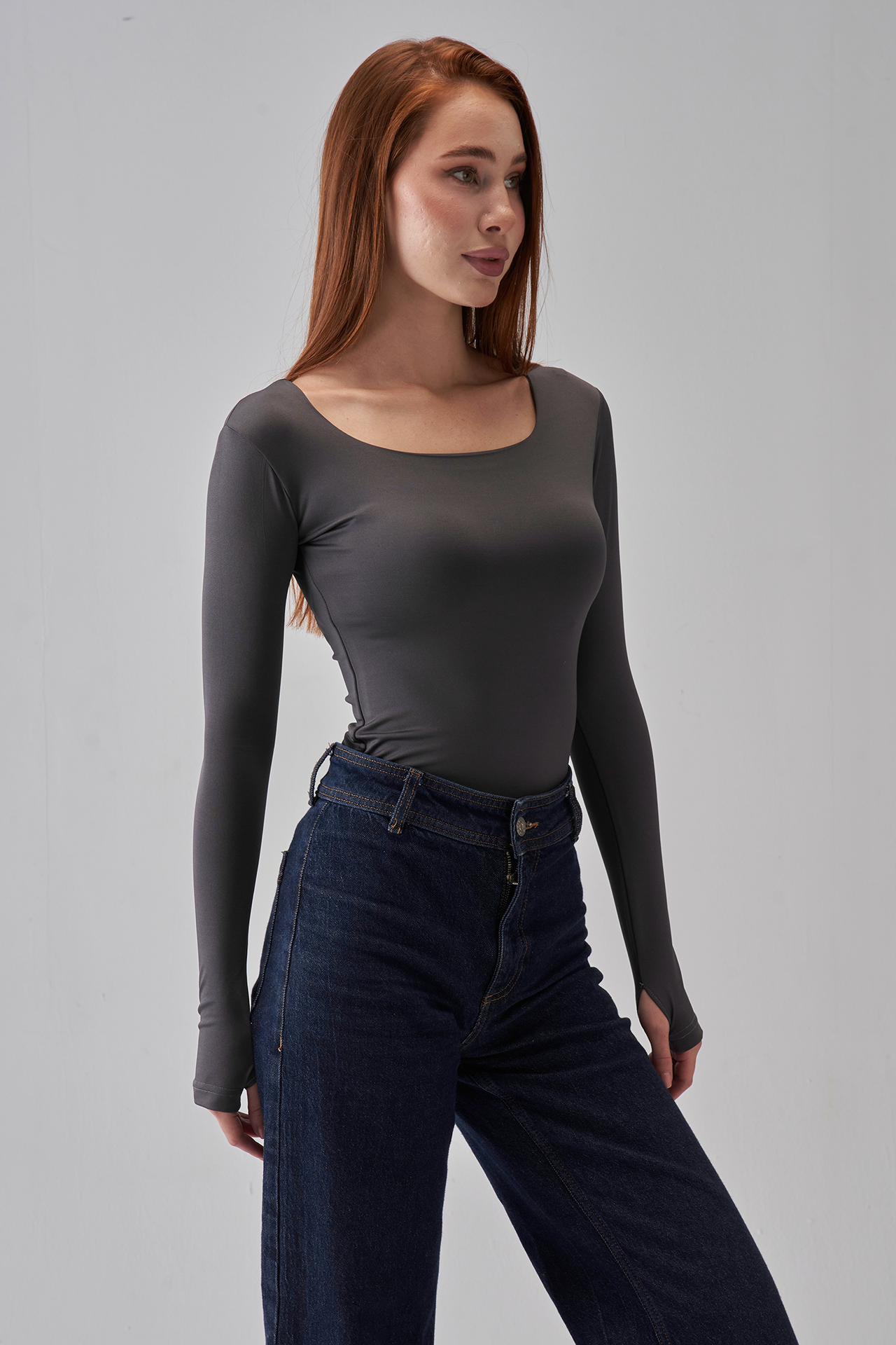 Square Neck Long Sleeve Top - Charcoal Gray