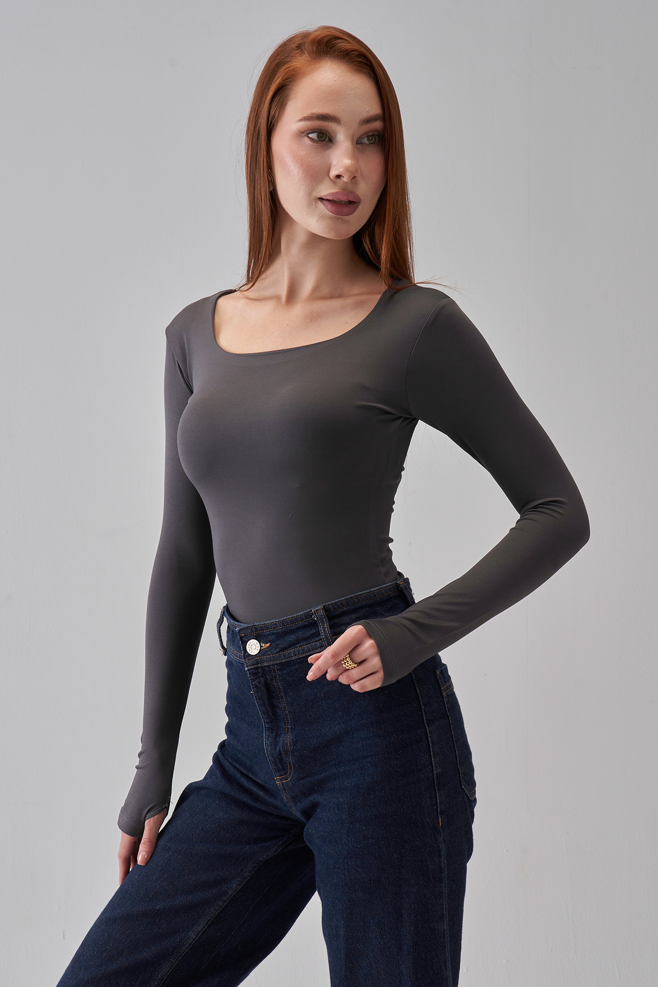 Square Neck Long Sleeve Top - Charcoal Gray