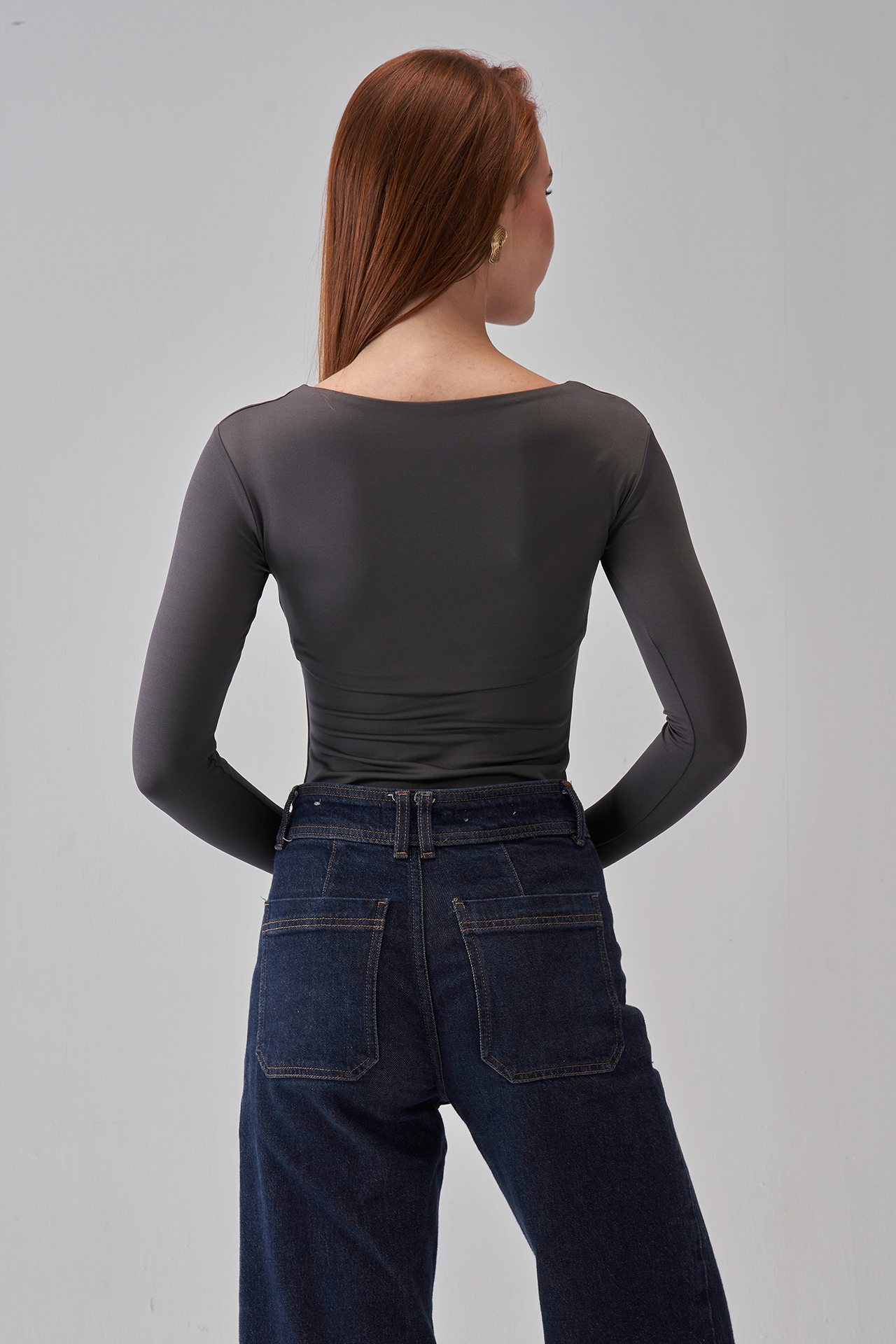 Square Neck Long Sleeve Top - Charcoal Gray