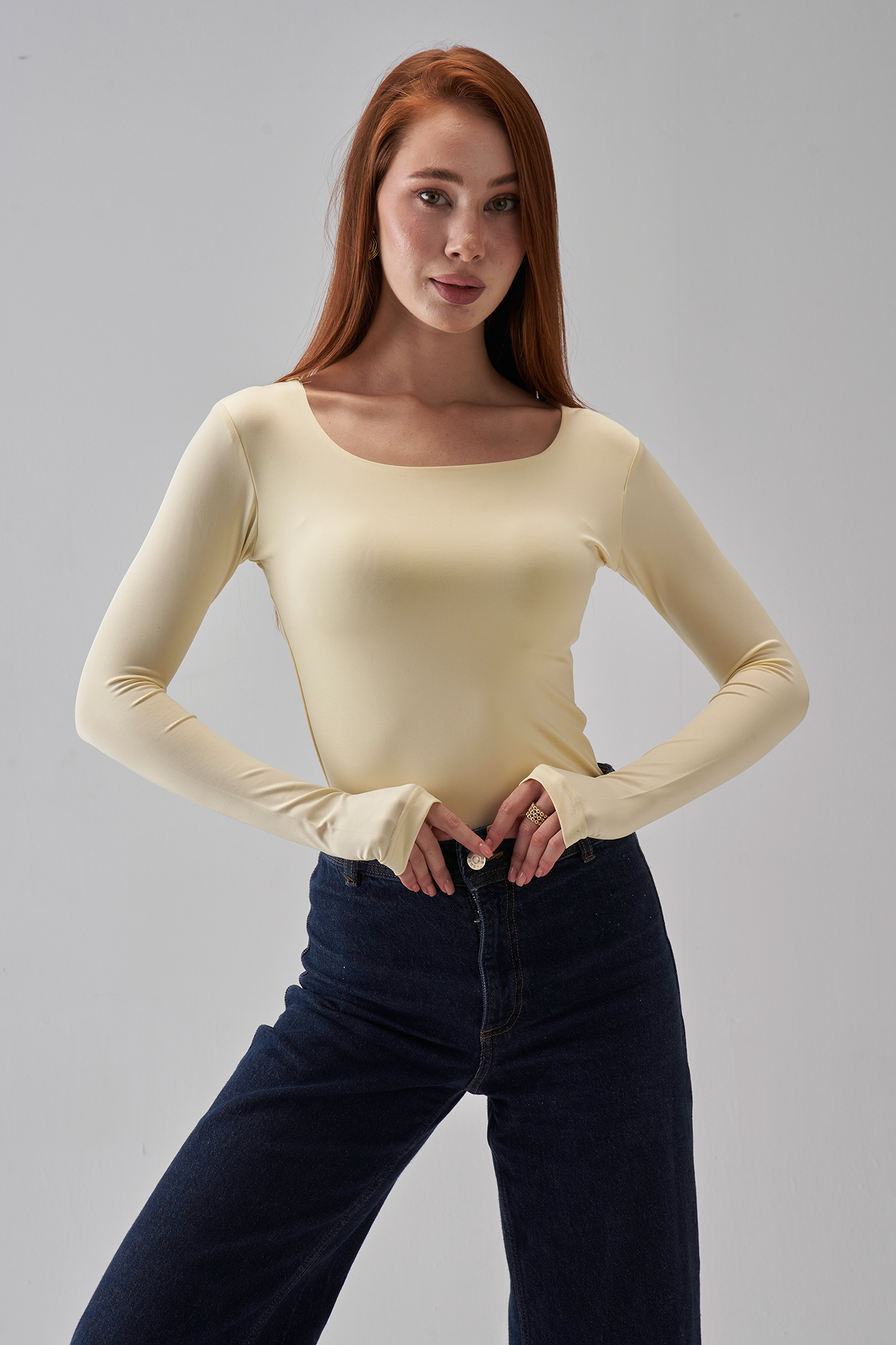Square Neck Long Sleeve Top - Pale Yellow