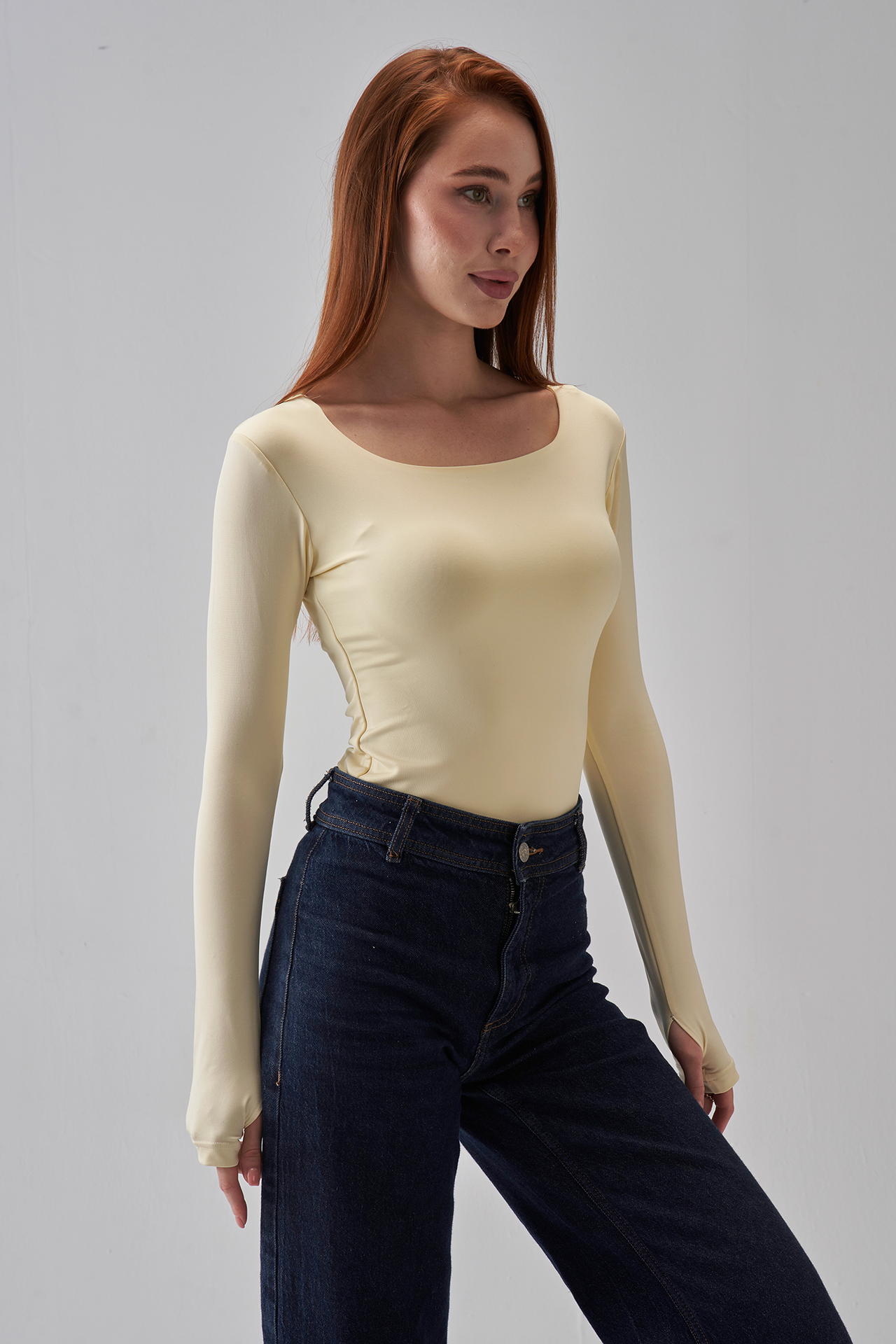 Square Neck Long Sleeve Top - Pale Yellow