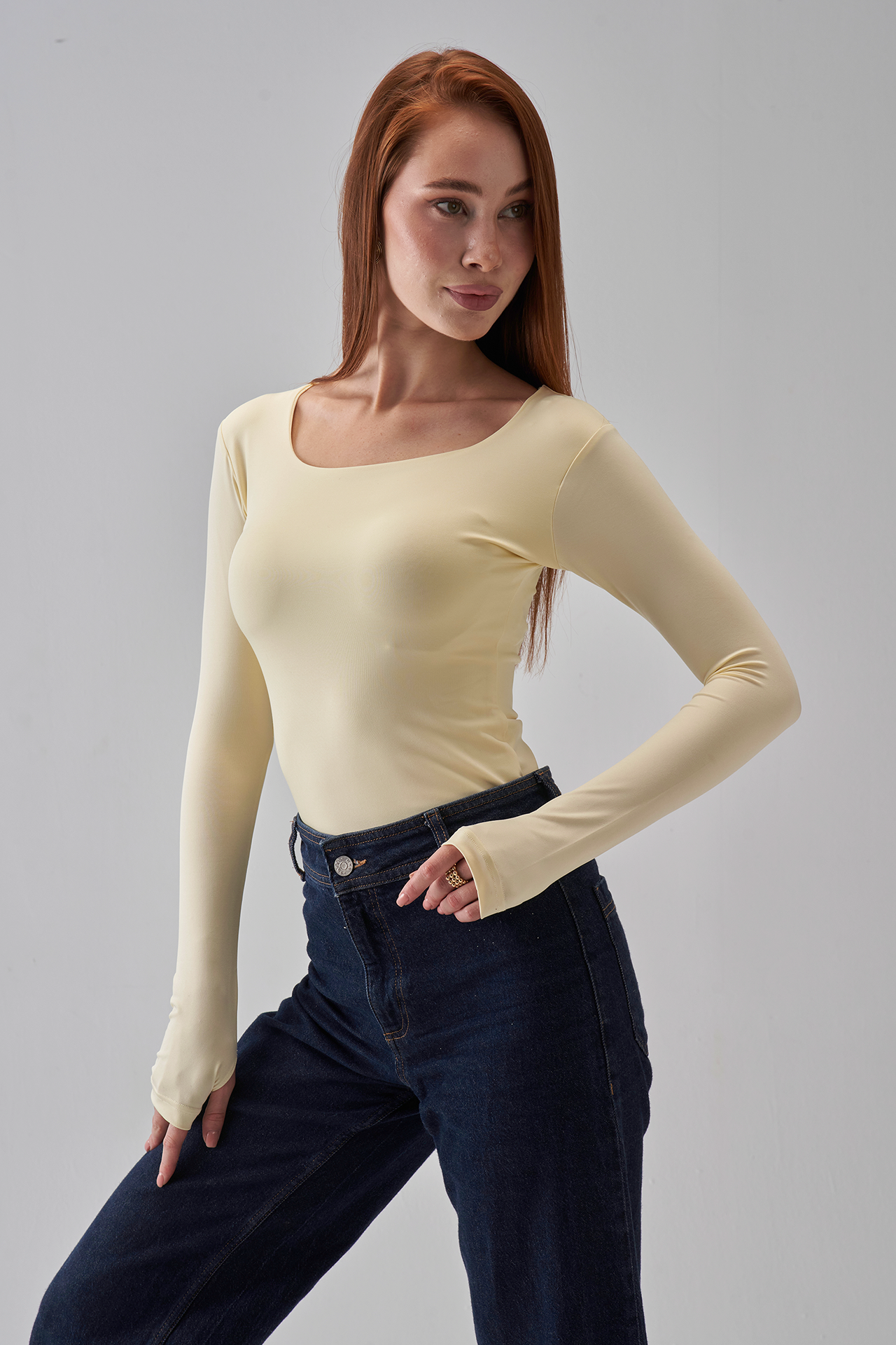 Square Neck Long Sleeve Top - Pale Yellow