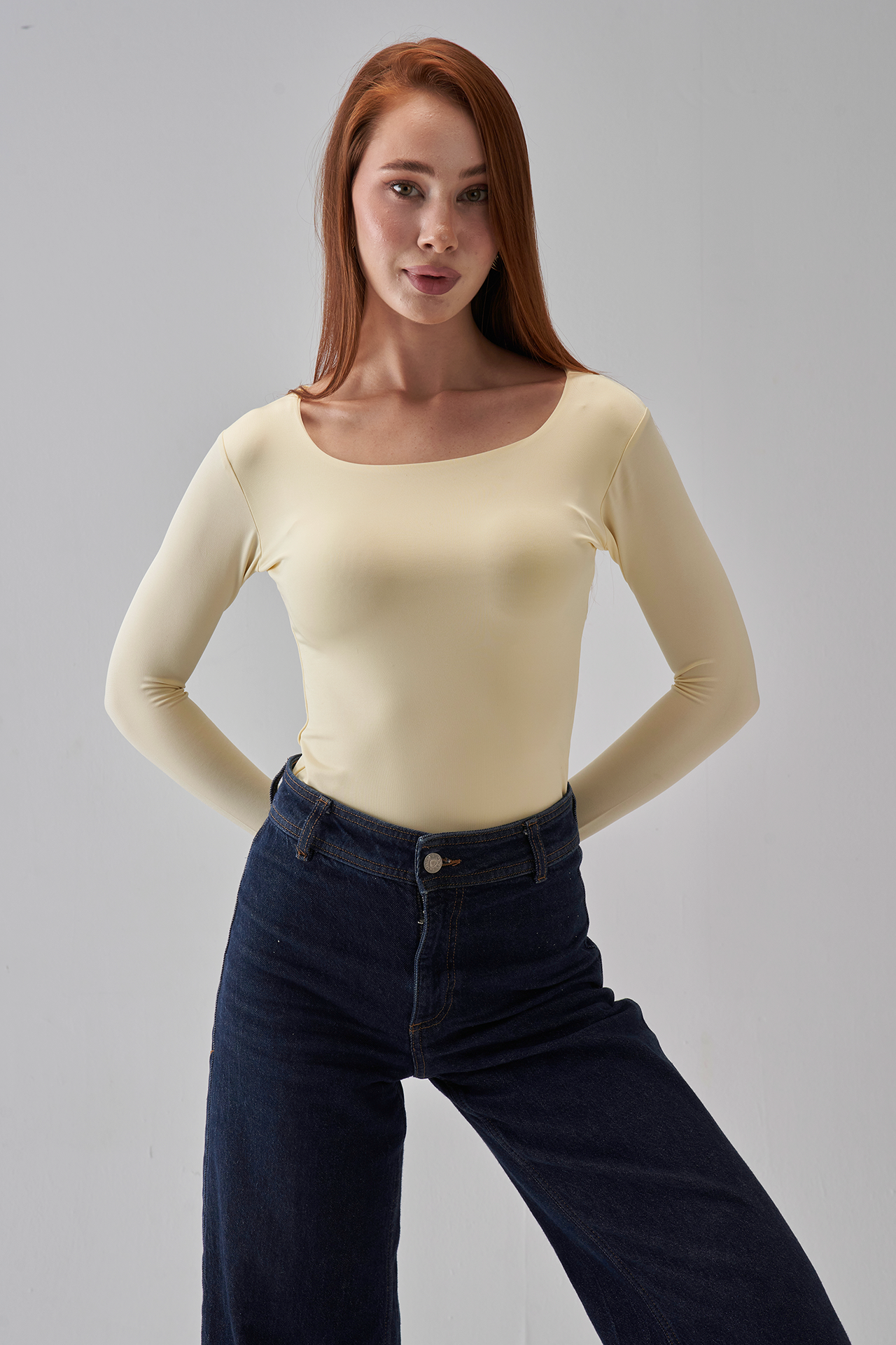 Square Neck Long Sleeve Top - Pale Yellow
