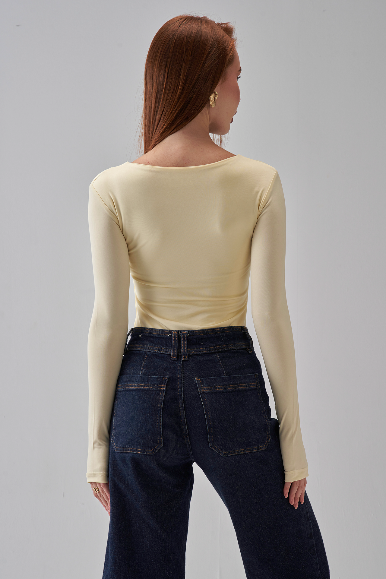 Square Neck Long Sleeve Top - Pale Yellow