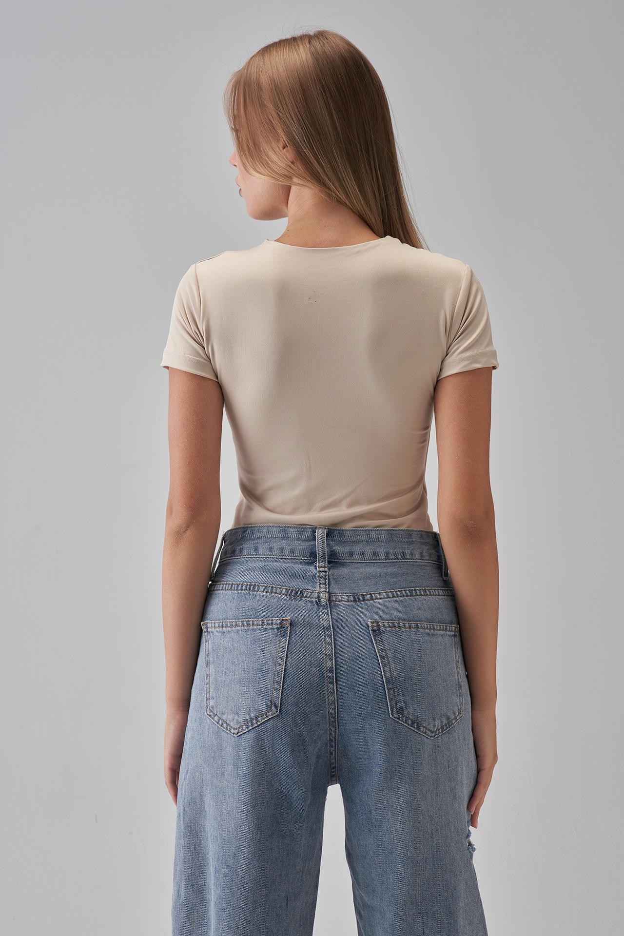 Round Neck Short Sleeve Top - Beige