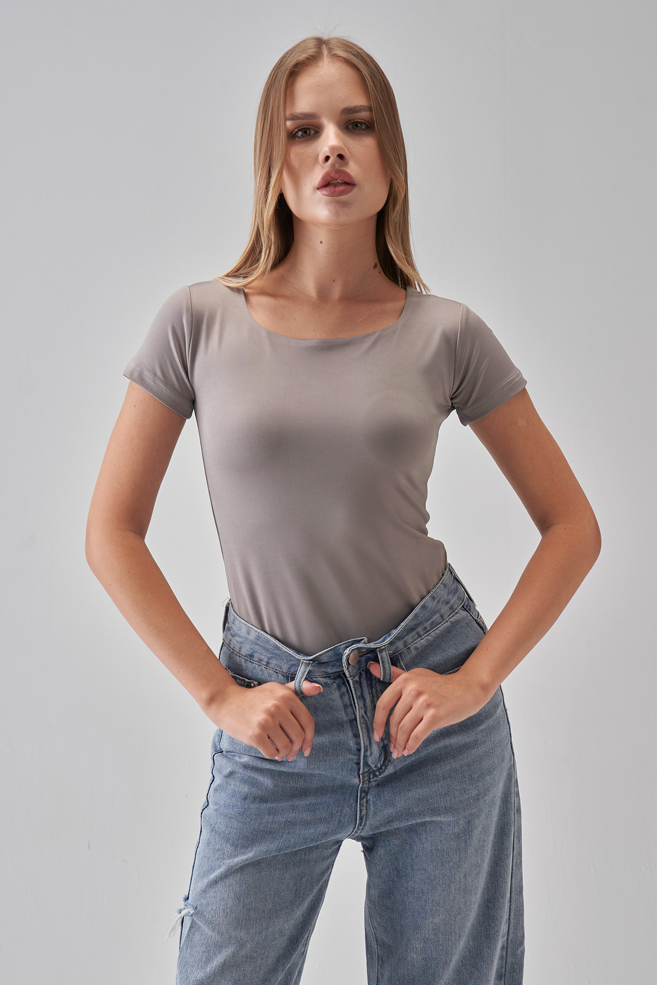 Square Neck Short Sleeve Top - Silver