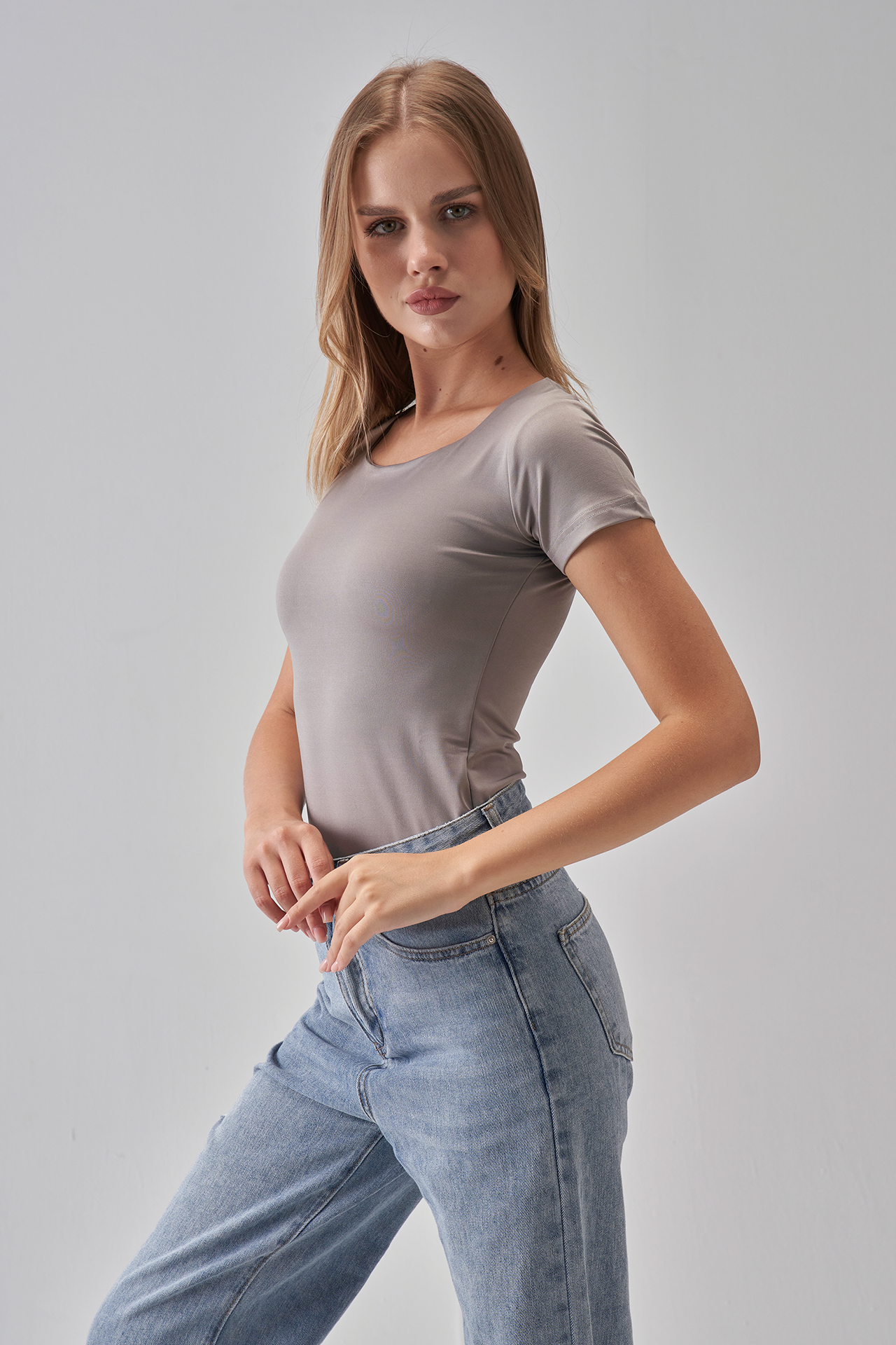 Square Neck Short Sleeve Top - Silver