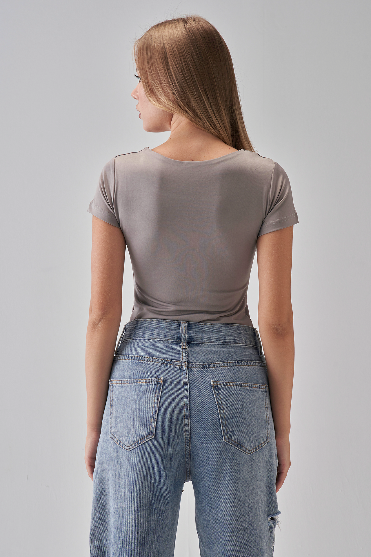 Square Neck Short Sleeve Top - Silver
