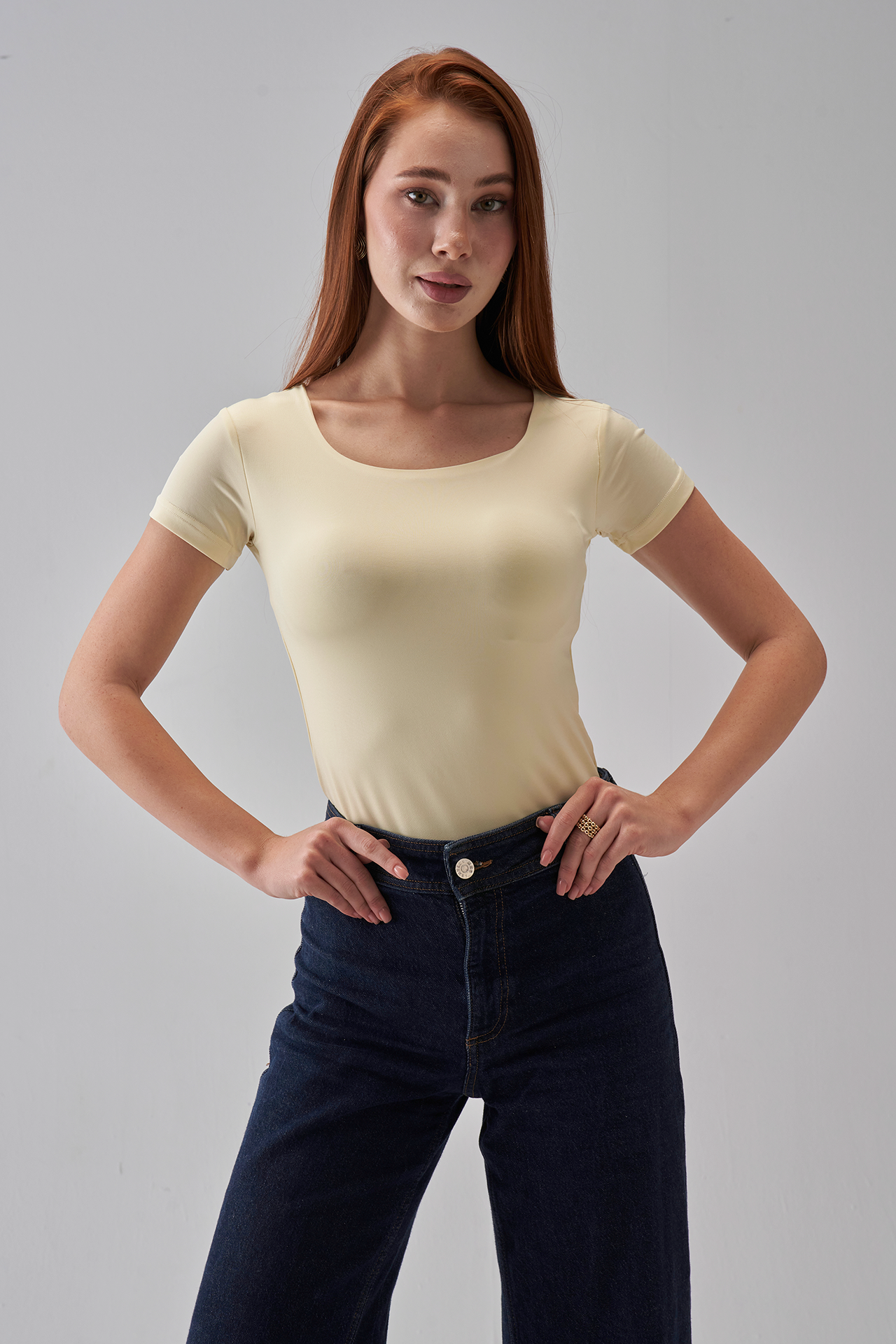 Square Neck Short Sleeve Top - Pale Yellow