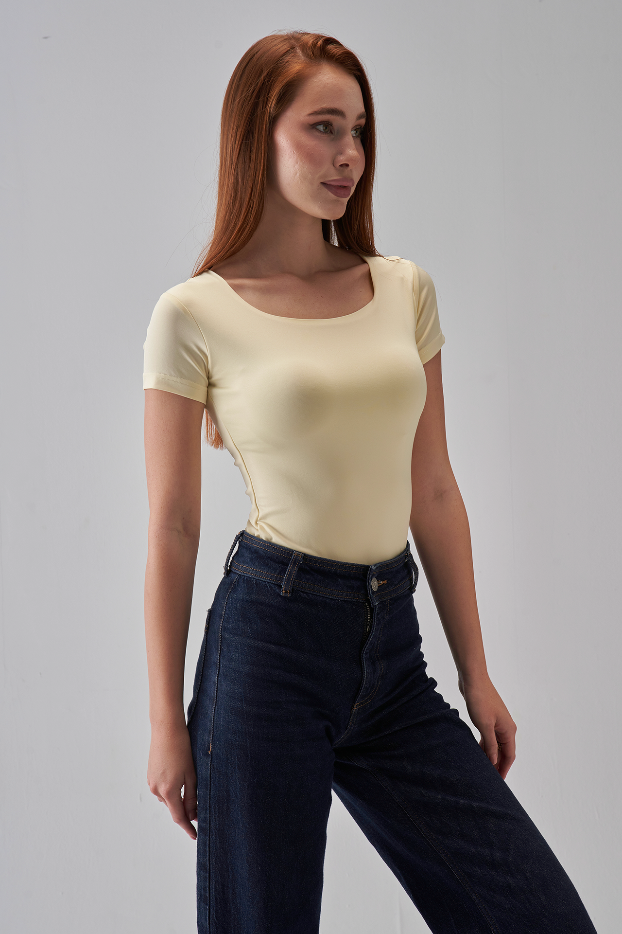 Square Neck Short Sleeve Top - Pale Yellow