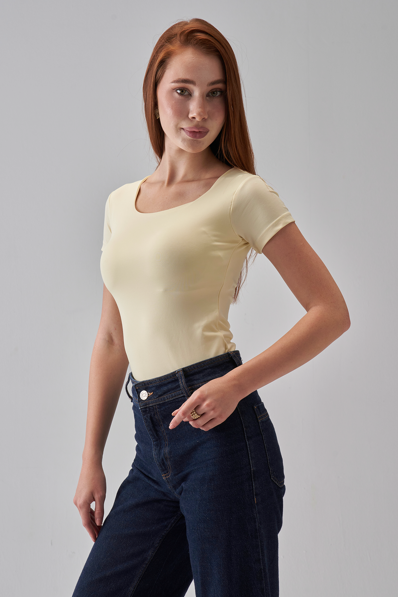 Square Neck Short Sleeve Top - Pale Yellow