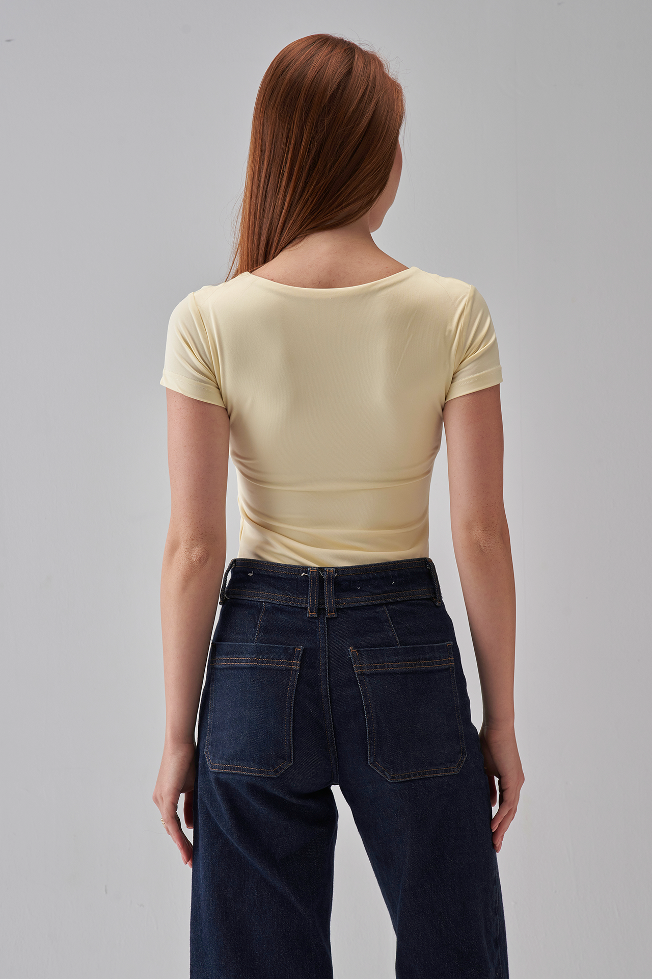 Square Neck Short Sleeve Top - Pale Yellow
