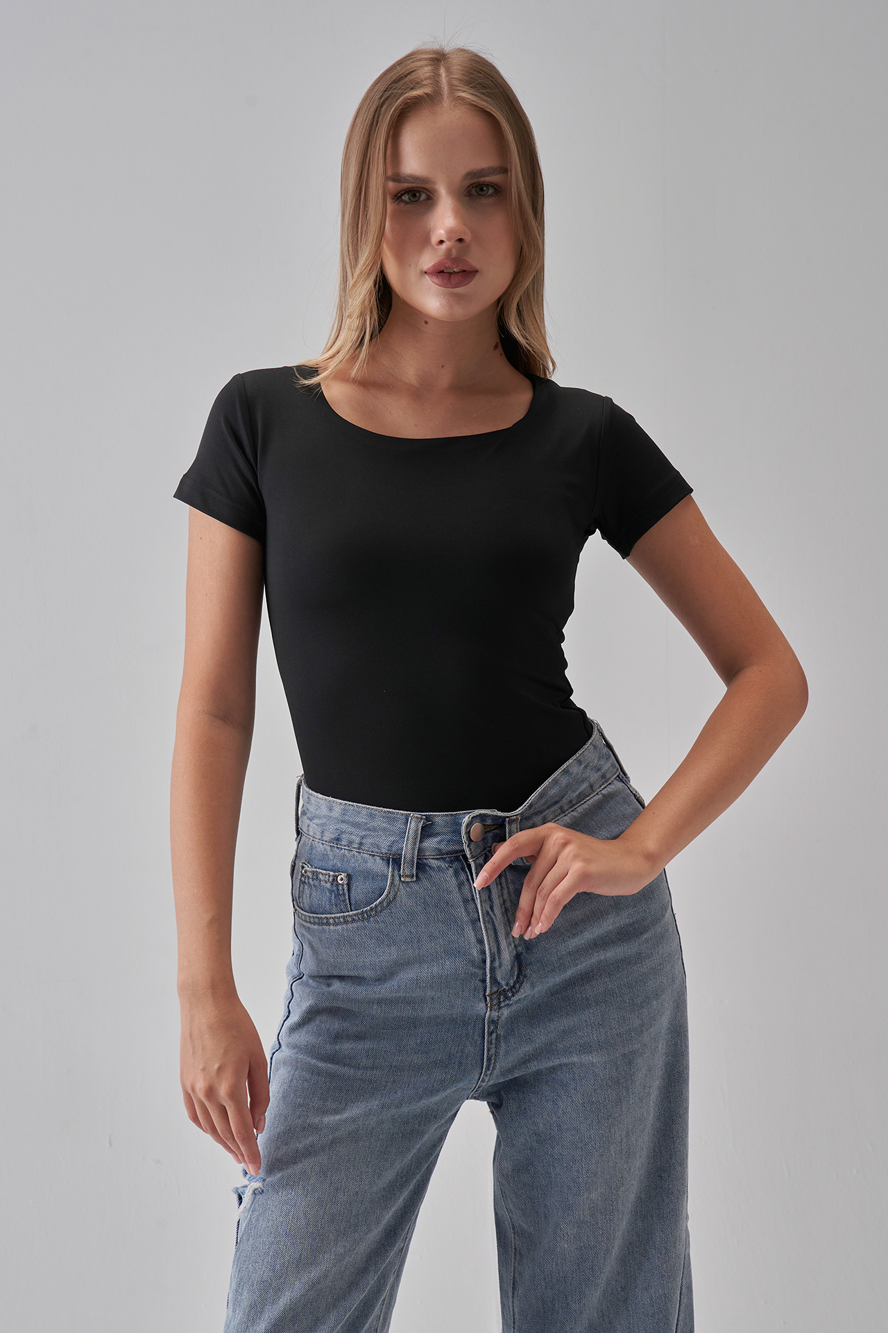 Square Neck Short Sleeve Top - Black