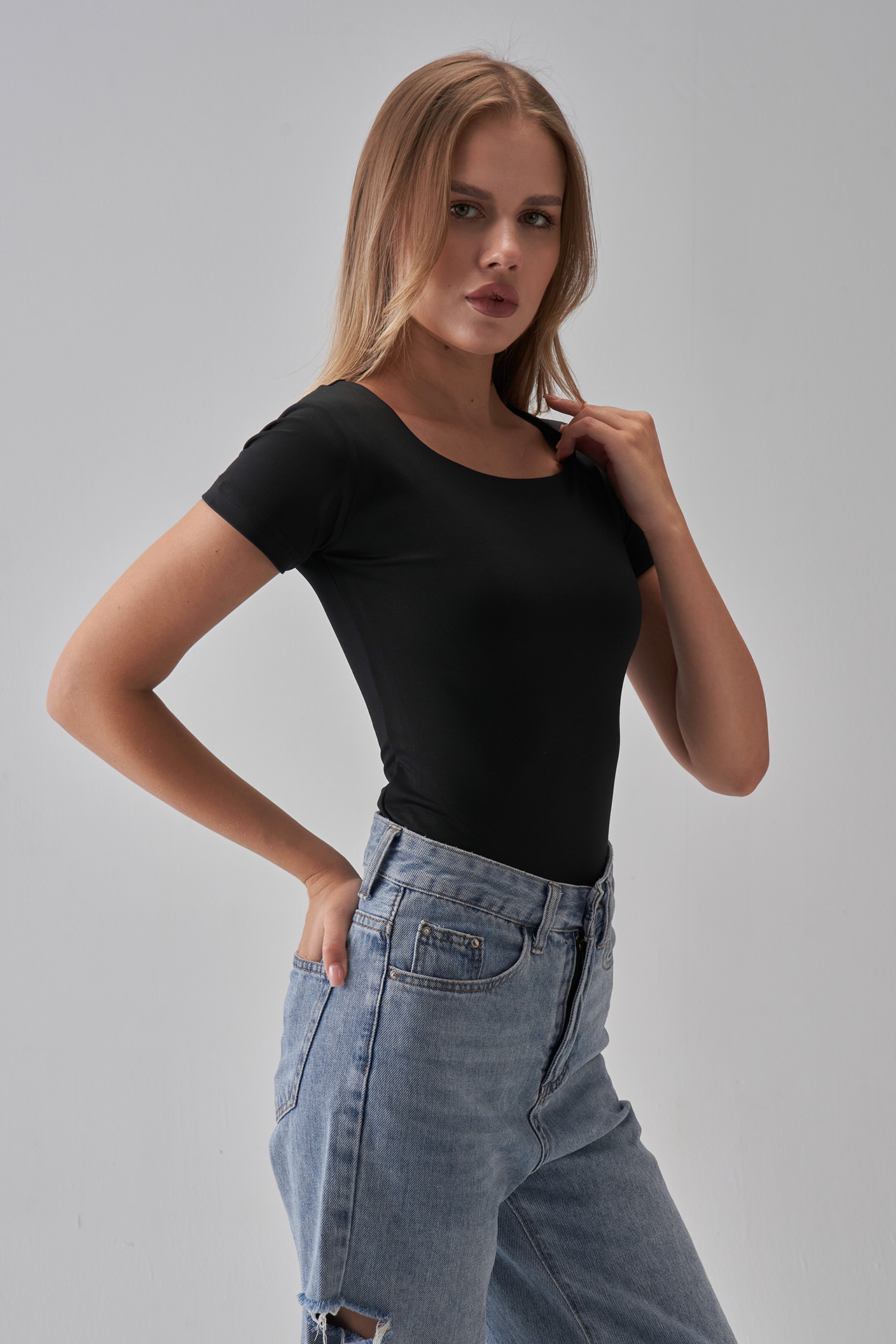 Square Neck Short Sleeve Top - Black