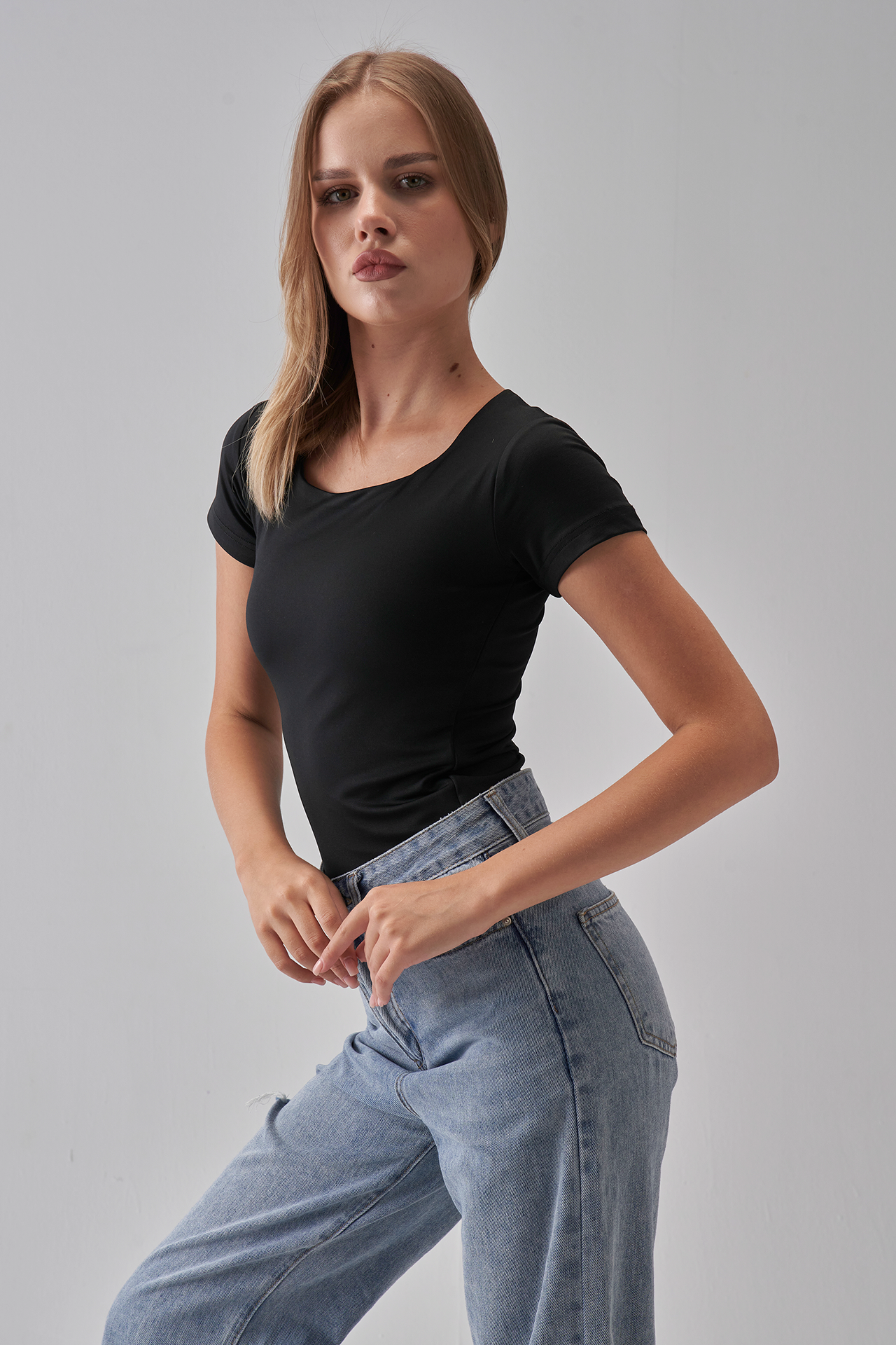 Square Neck Short Sleeve Top - Black