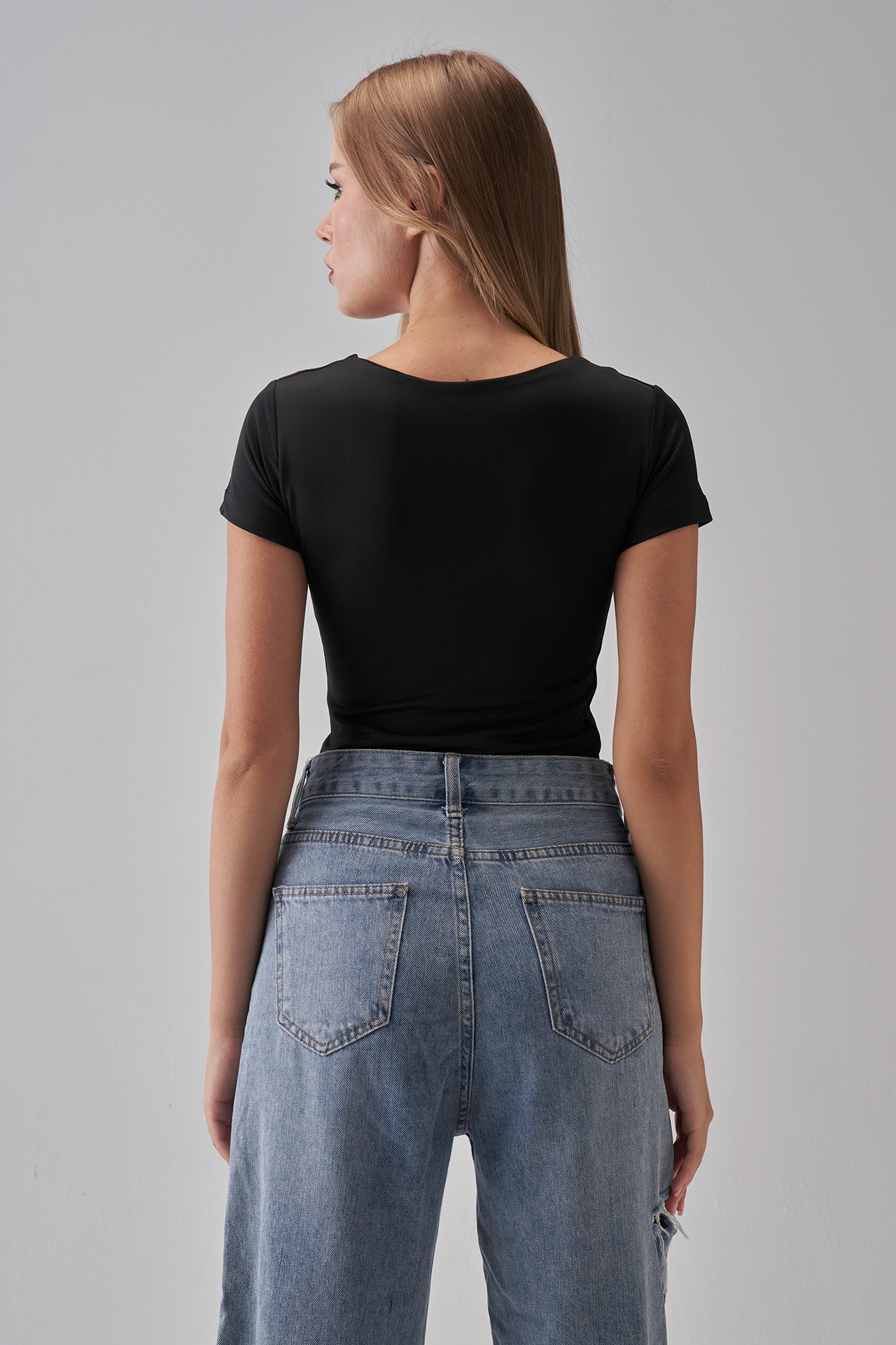 Square Neck Short Sleeve Top - Black