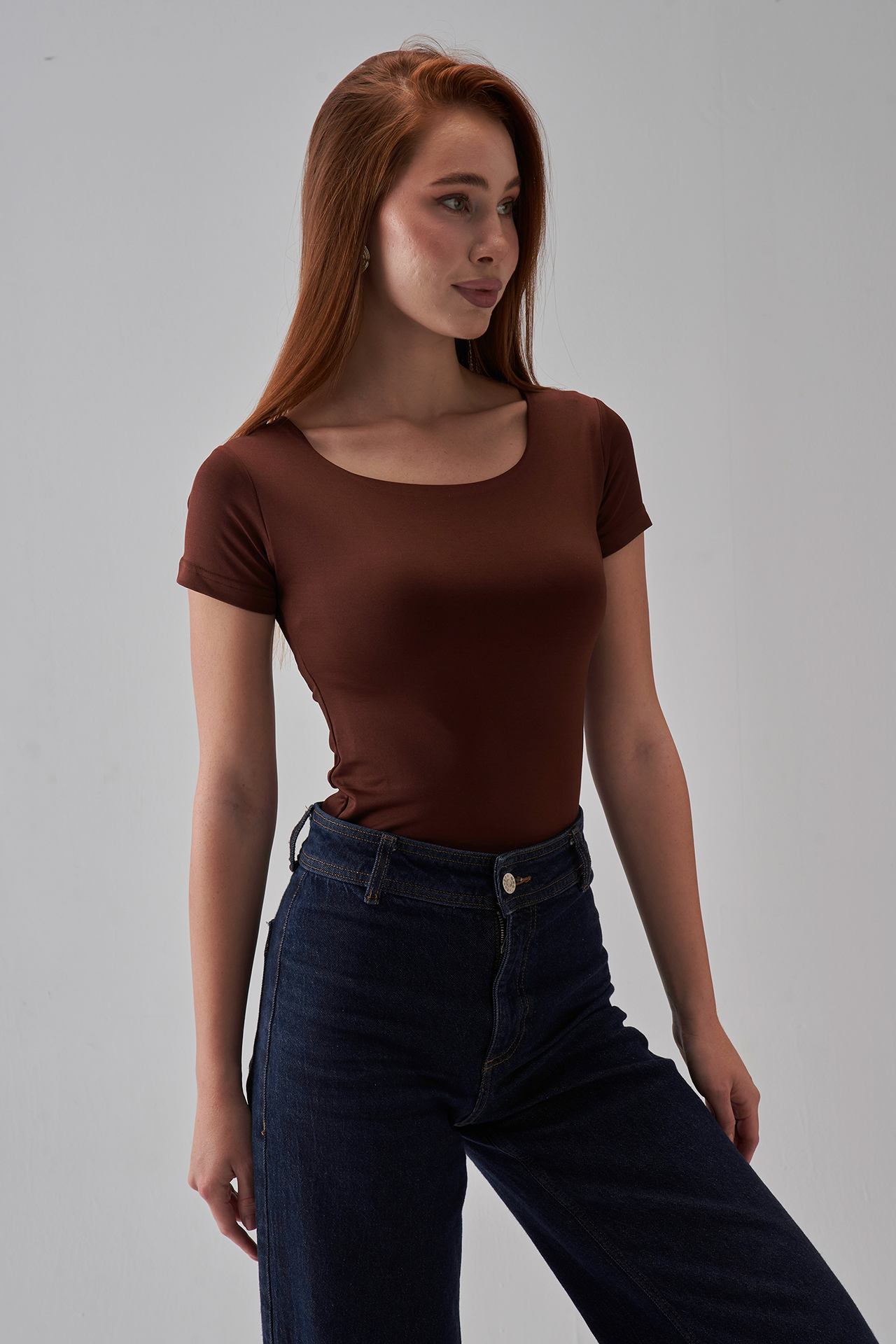 Square Neck Short Sleeve Top - Brown