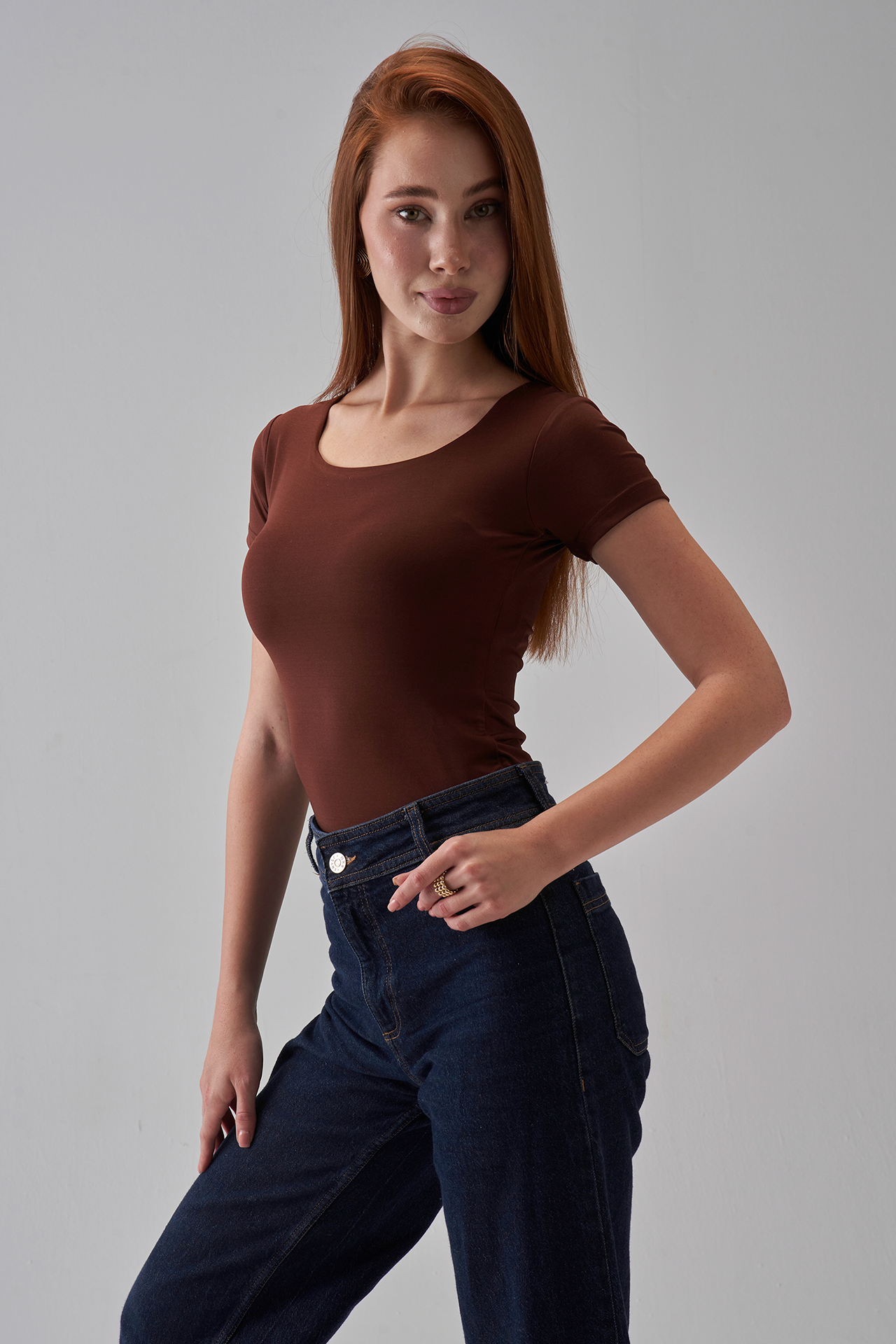 Square Neck Short Sleeve Top - Brown